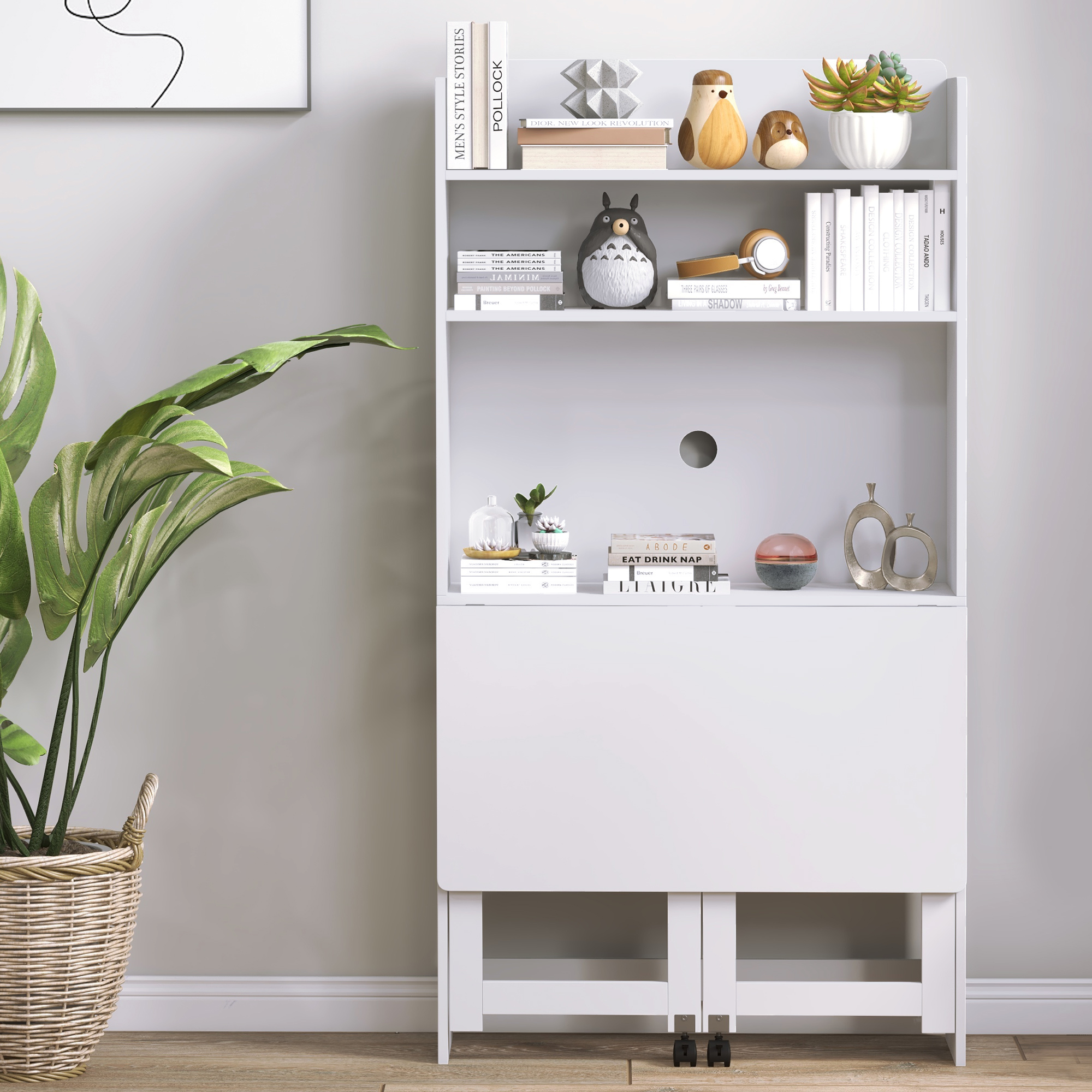  Birou cu Rafturi, Blat Pliabil, 2 Roti si 4 Rafturi, Birou Compact Modern cu Orificiu pentru Cabluri, Masa pentru Computer, Acasa Birou Studio Dormitor, 80x69x155 cm, Alb [8]