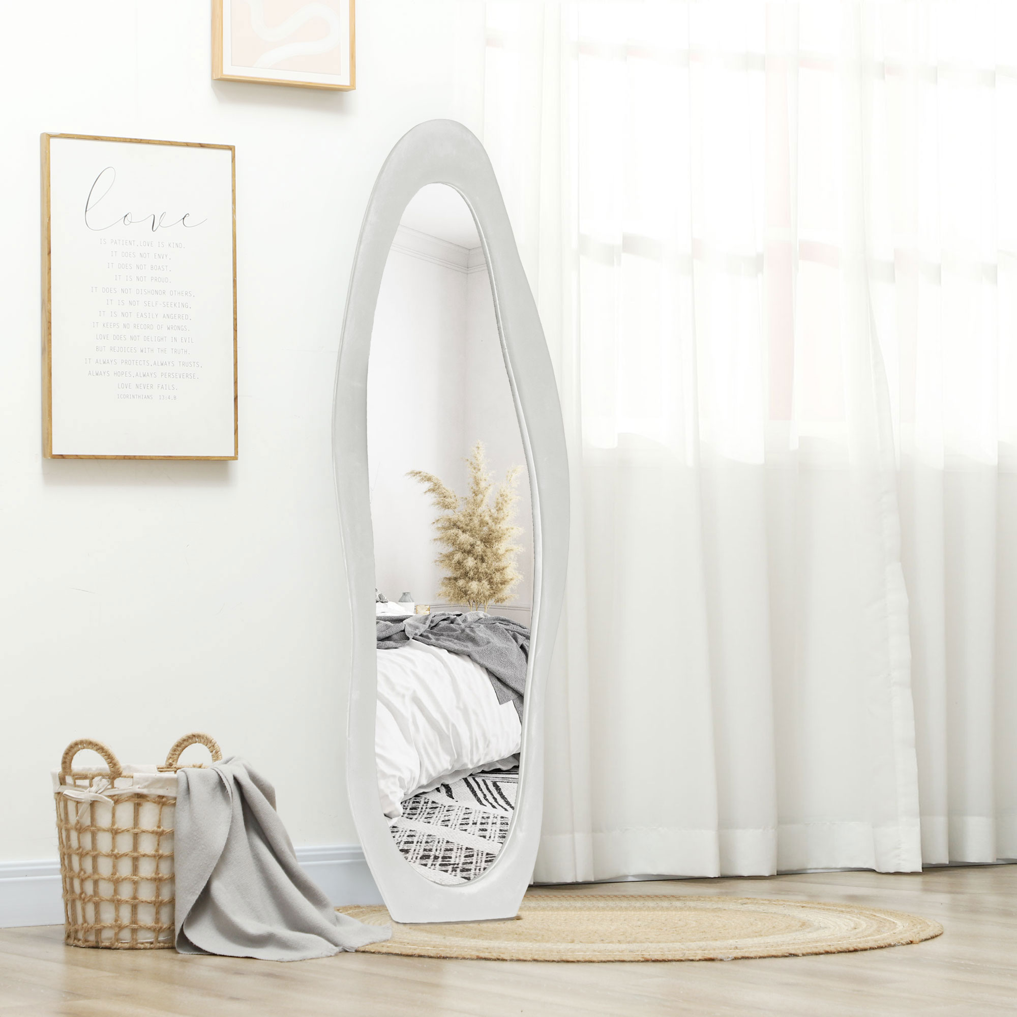  Oglinda de dimensiuni mari cu rama ondulata din catifea, oglinda de podea si de perete, 160x50 cm, alba [6]