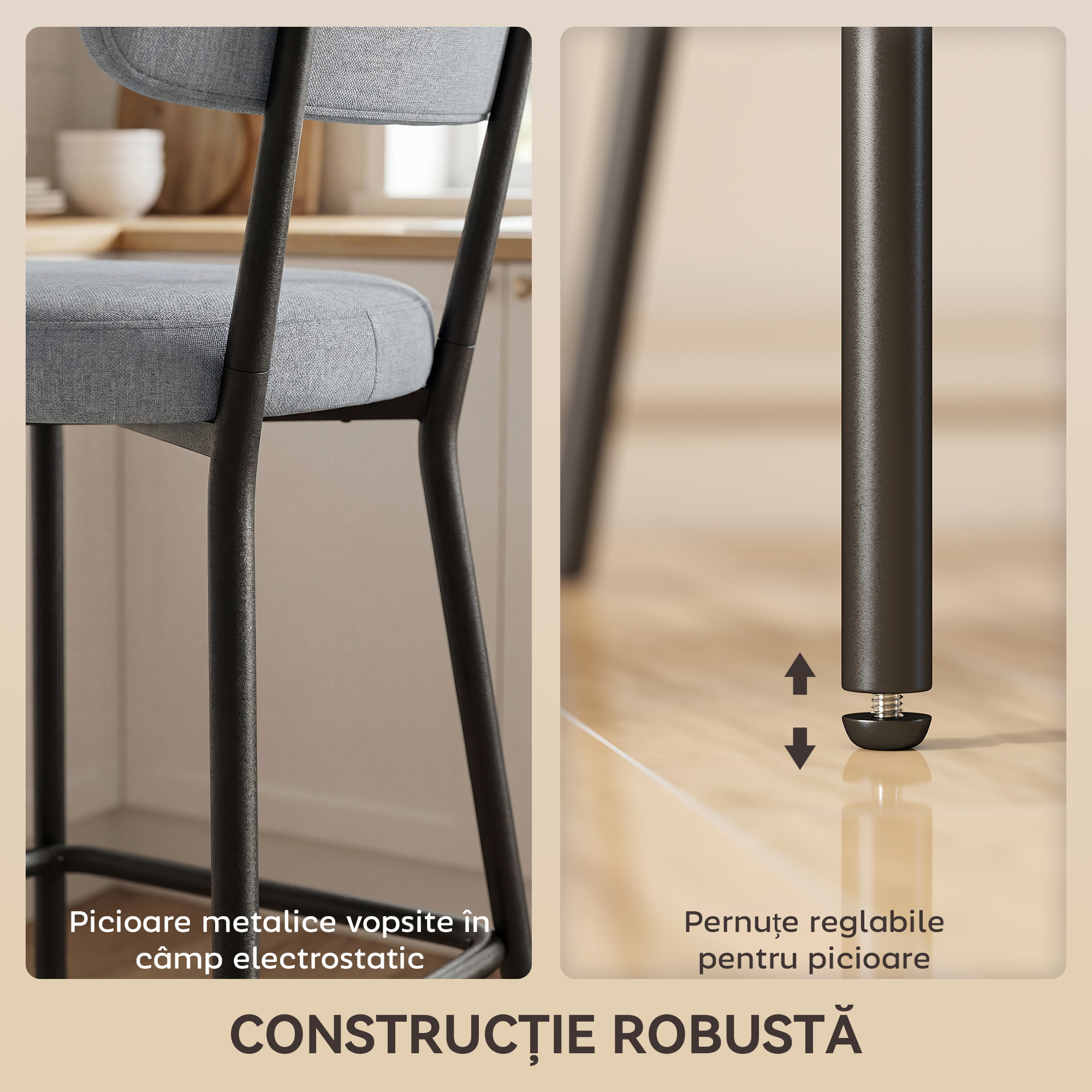  Set de 2 Scaune de Bar cu Spatar si Tapitate, Scaune inalte din material textil cu suport pentru picioare integrat si structura din metal usor de montat, Scaune pentru bucatarie si living, Gri deschi [7]