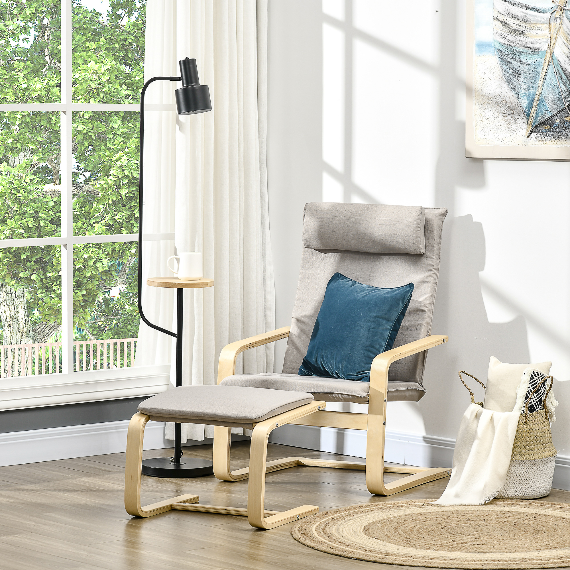  Fotoliu Relax cu suport pentru picioare, fotoliu din lemn si tesatura cu efect de in cu perna pentru tetiera, 67x69x100cm, gri [1]