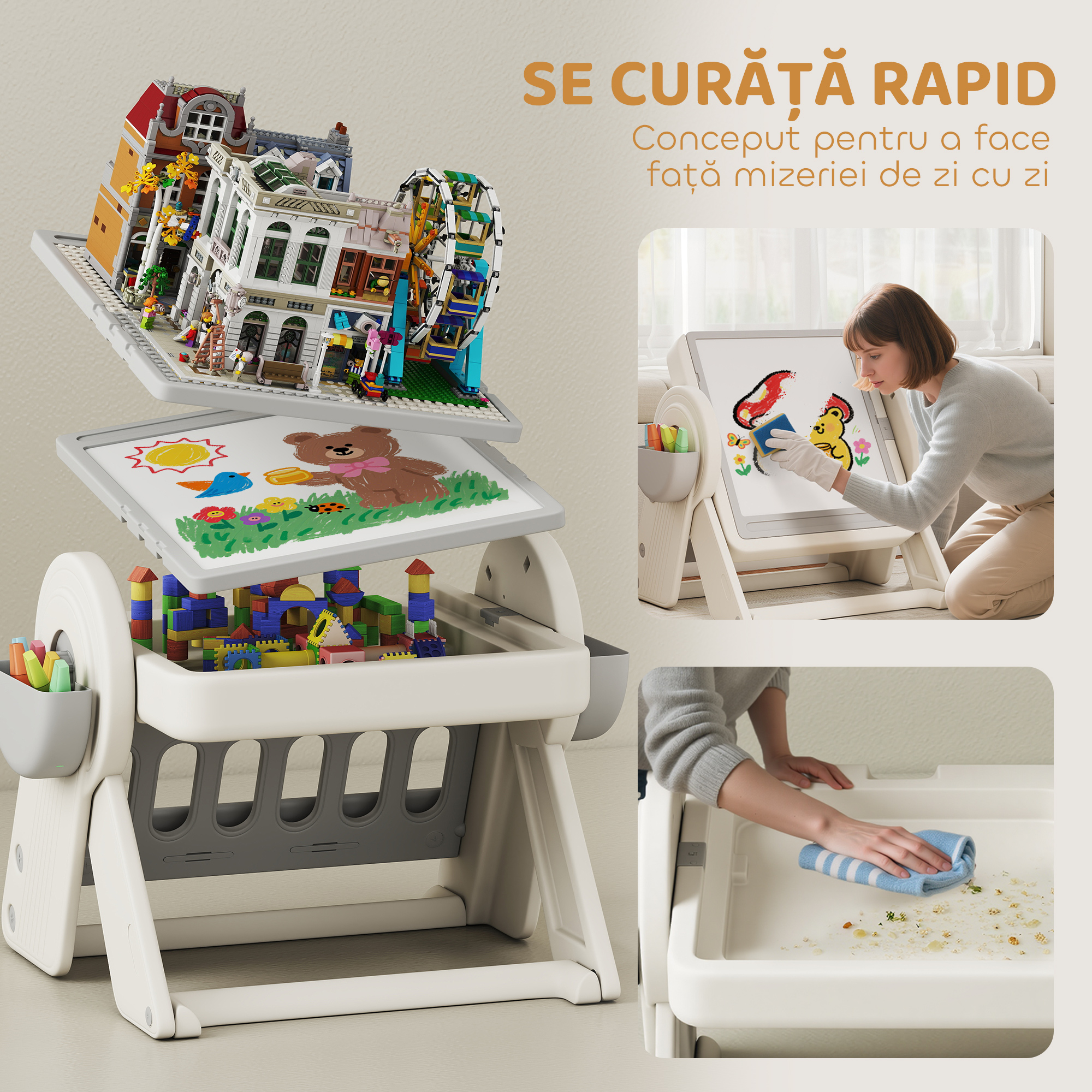  Masa Multifunctionala pentru Copii cu Raft de Depozitare si Sertare, din HDPE si PP, Gri si Alb [7]