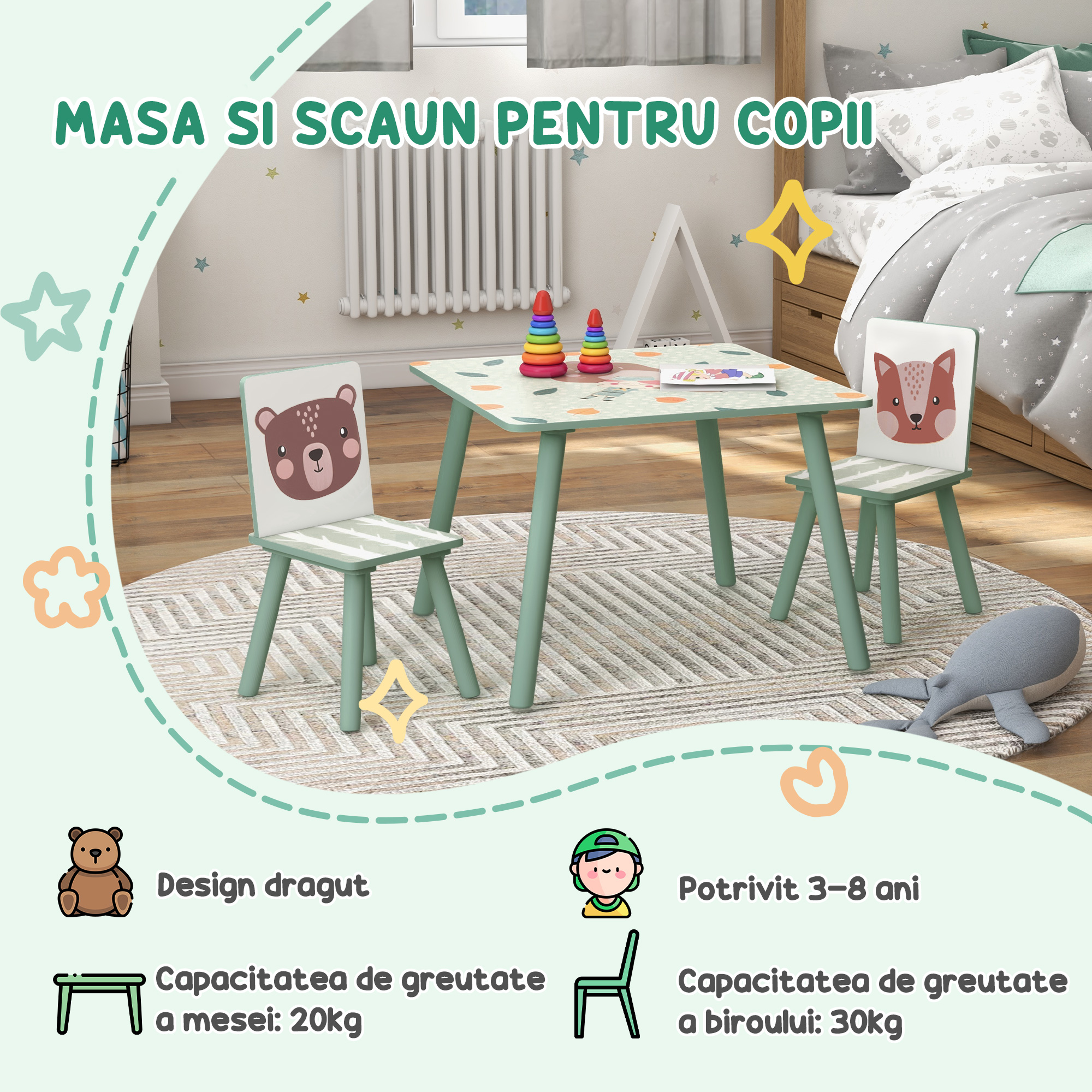  Set masa si scaun 3 piese pentru copii MDF lemn de pin desene animale verde distractie copii indemanare confortabil pentru copii model cu desene [6]