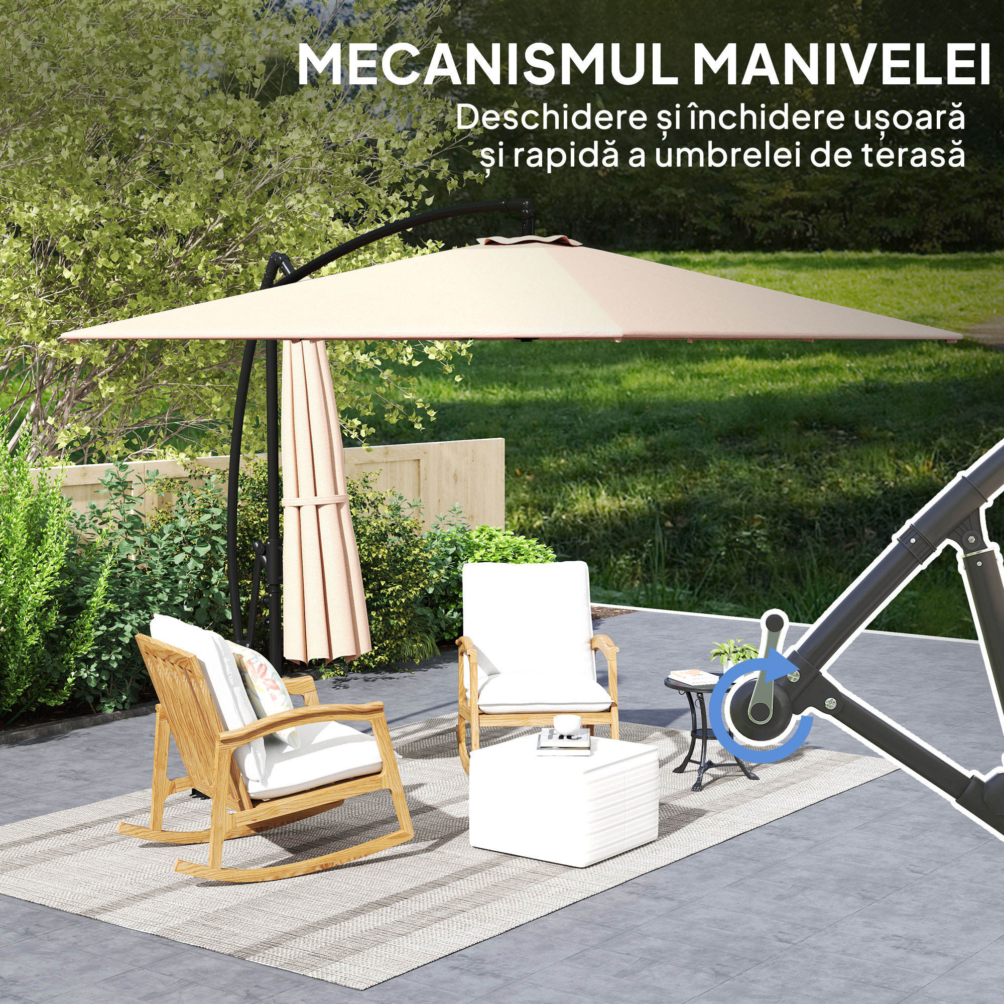  Umbrela Suspendata 2.5x2.5 m cu Acoperire, Corzi Antivant, Baza in Cruce si Manivela, Umbrela de Gradina Inclinabila si Rotativa 360° din Metal si Poliester 180 g/m², UV50+, Gri [6]