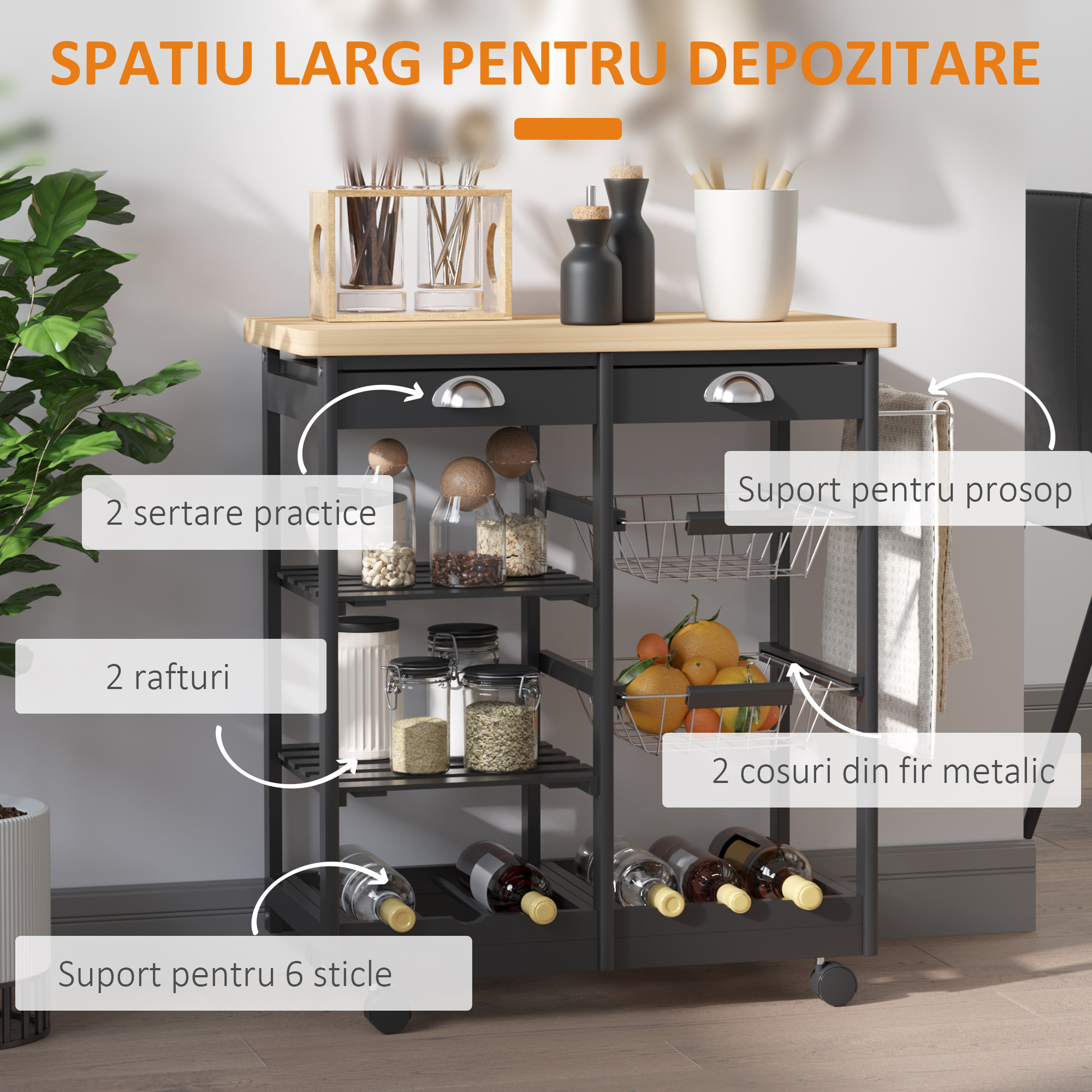  Carucior de Bucatarie Multifunctional din Lemn de Pin, 74x37x75 cm, Negru [3]