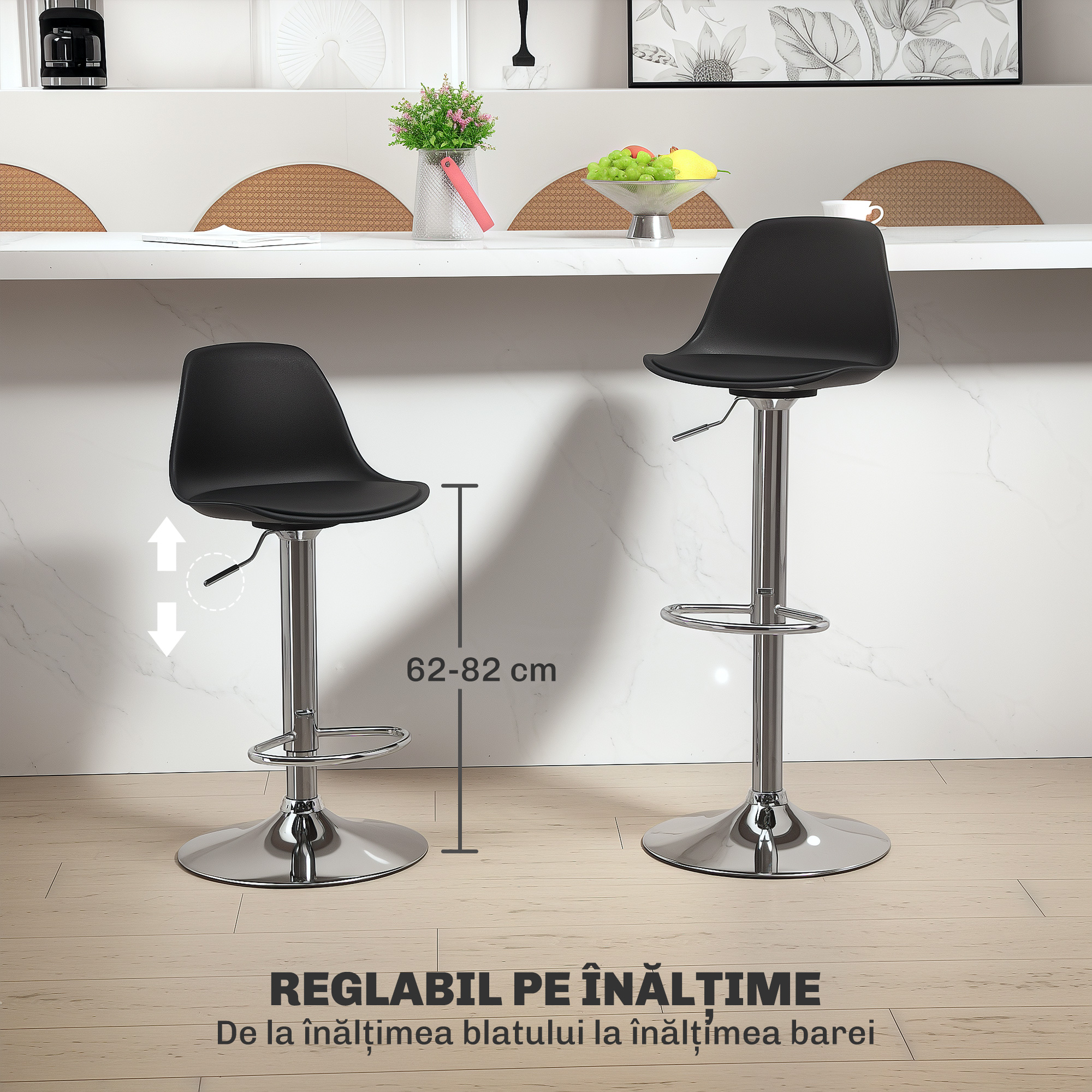  Set 2 Scaune de Bar cu Spatar si Suport pentru Picioare, din PP, Piele PU si Otel, 38x42x82-104 cm, Negru [4]