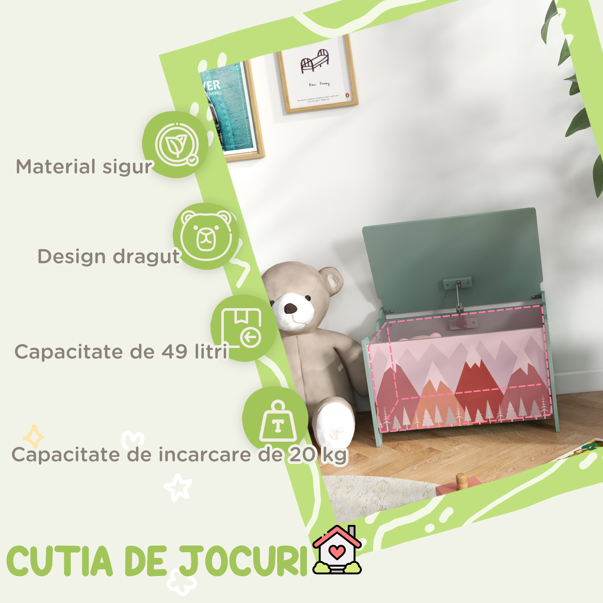 Cufar de jucarii pentru copii , lada din lemn MDF cu capac si balama de siguranta, 60x37x39cm, de culoare verde [3]