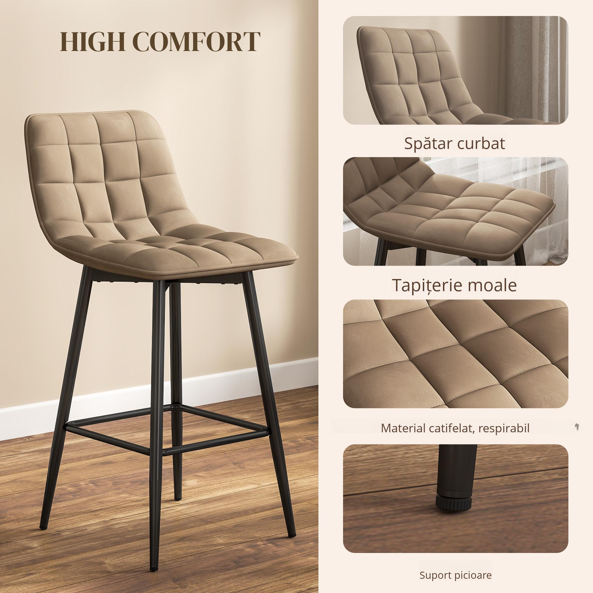  Scaune de bar Nordic, cu spatar si suport pentru picioare, 84 cm, din catifea si metal, Maro [4]