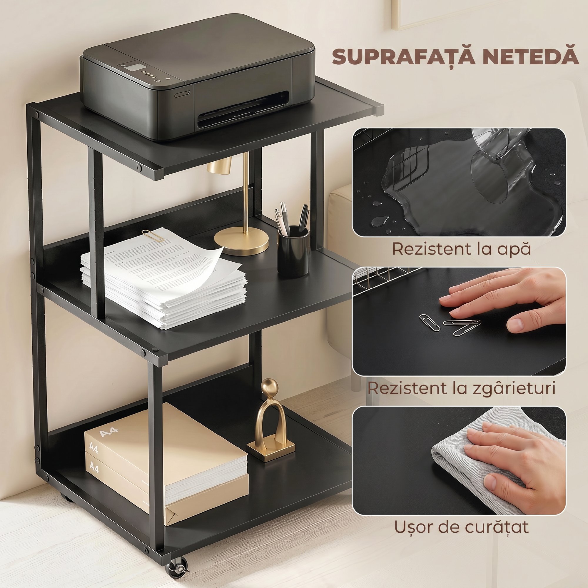  Suport pentru Imprimanta cu 3 Niveluri, Tava Industriala Metalica pentru Birou, Negru [5]