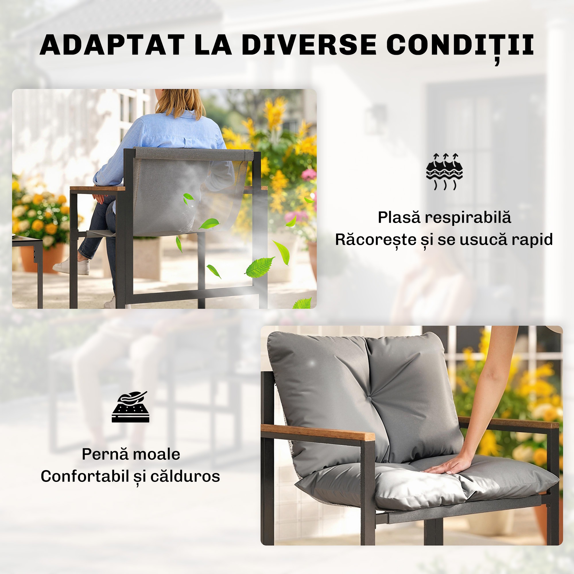  Set Bistro pentru 2 Persoane, Set din 3 Piese pentru Gradina cu Cadrul din Metal si Perne Groase [4]