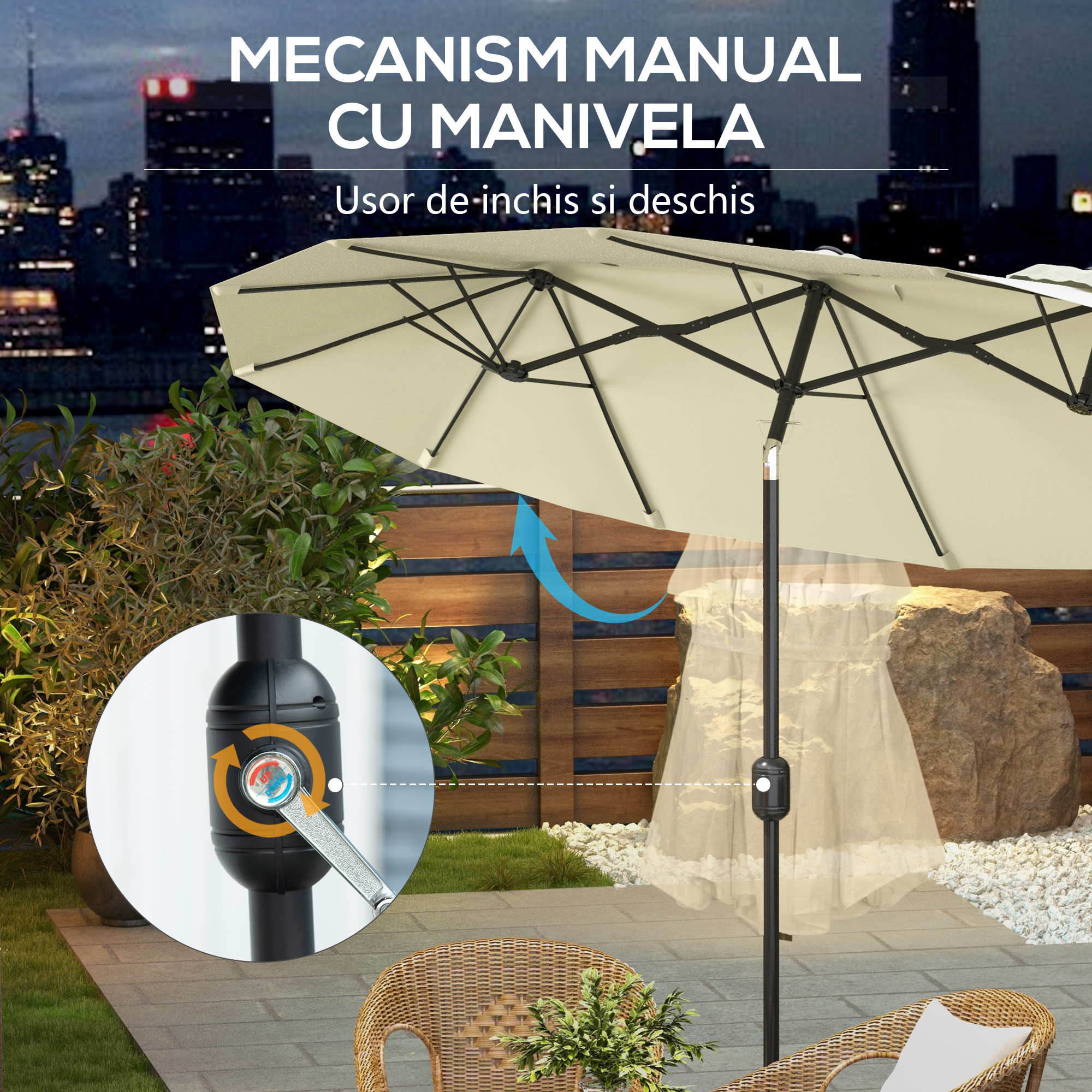  Umbrela de Gradina Dubla inclinabila la 45° cu Manivela si 3 Orificii de Ventilatie, 295x152x222 cm, Bej [5]