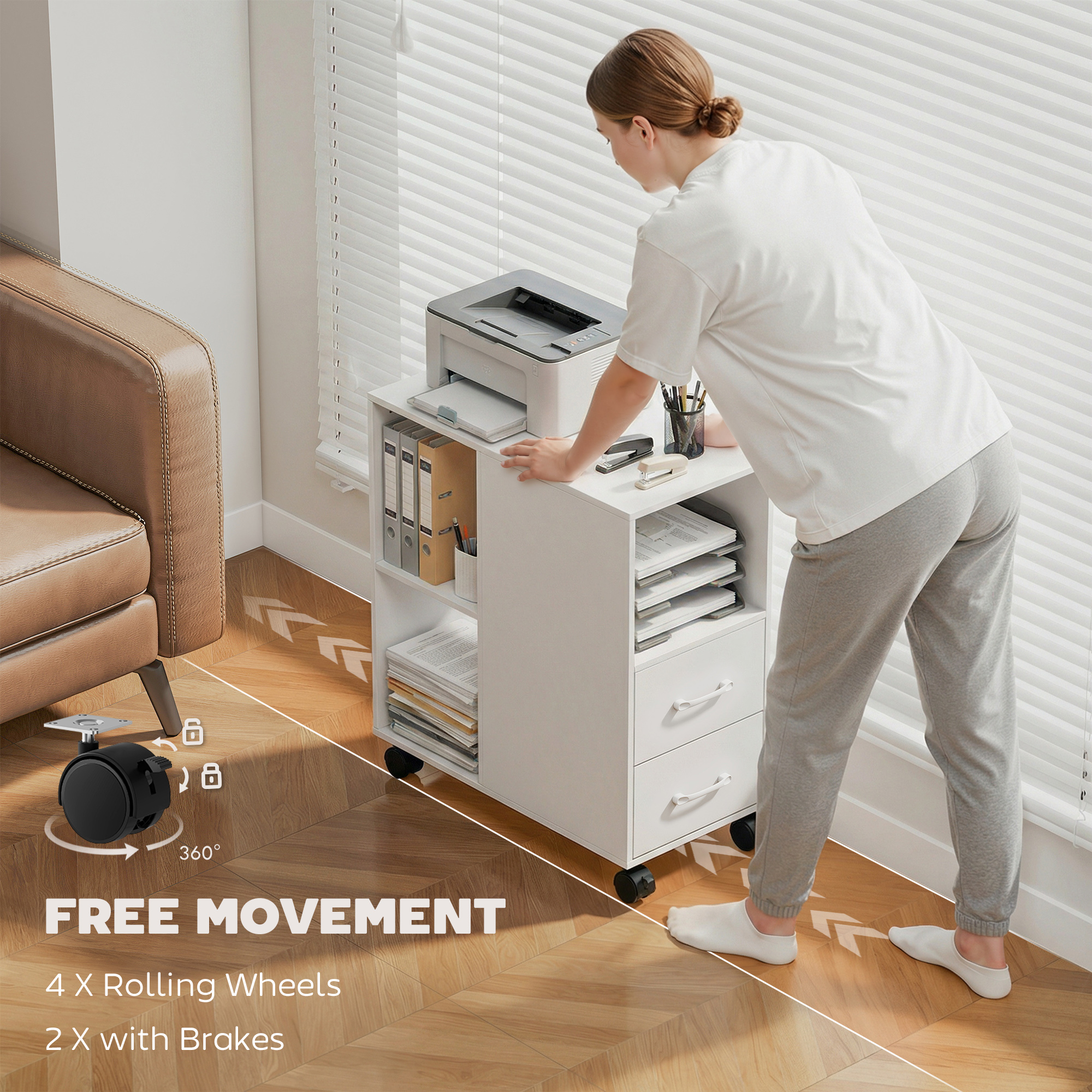  Masuta Minimalista pe Rotile cu 2 Sertare, Compartiment Deschis si Raft Reglabil, din Lemn, 60x30x65 cm, Alb [5]