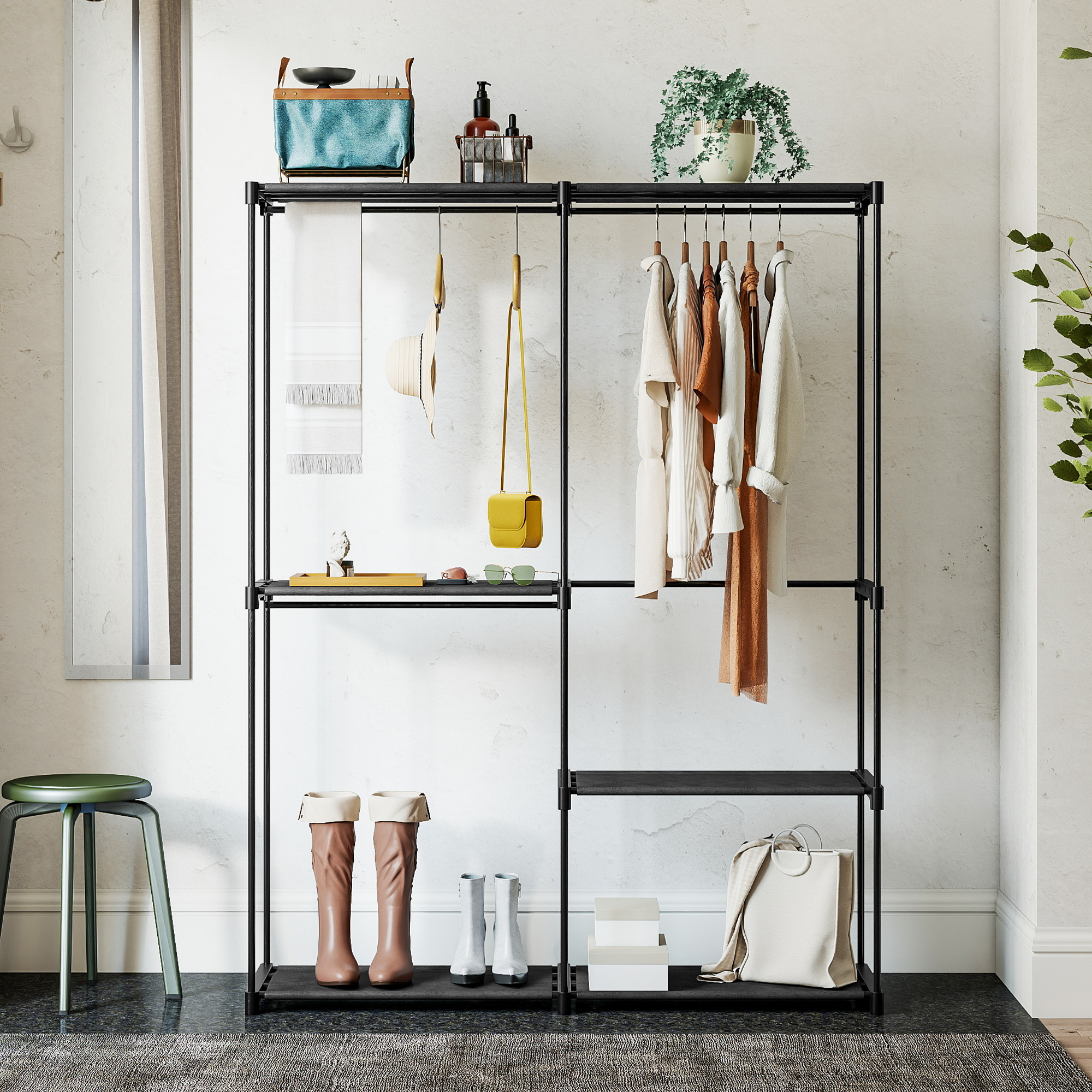  Dulap de Haine cu 2 Bare si 4 Rafturi, din Material Non-tesut, Plastic si Otel, 142x43x185 cm, Negru [7]