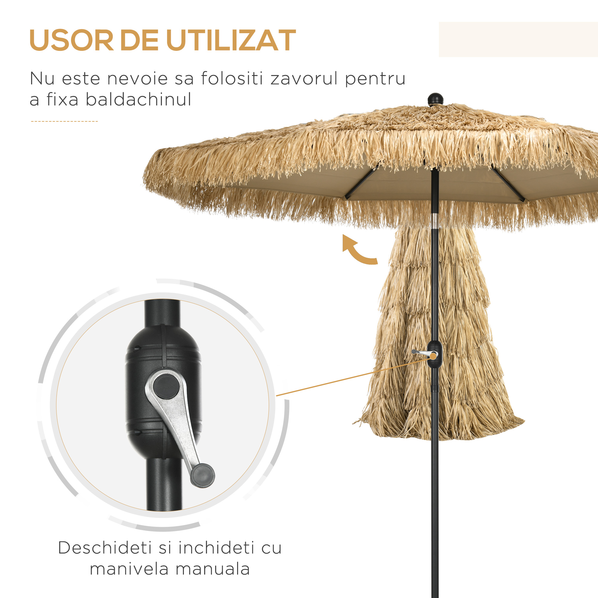  Umbrela pentru gradina cu paie, umbrela rotunda stil Hawai cu manivela, Ø265x250cm, kaki [3]