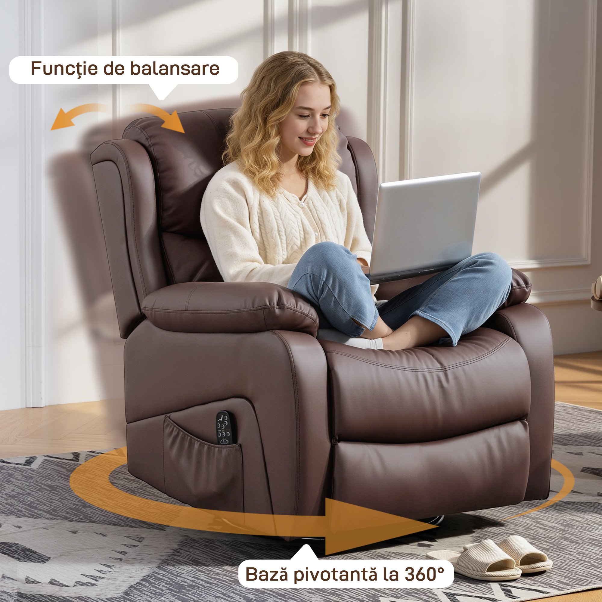  Fotoliu Relax Reclinabil cu 8 Puncte de Masaj, incalzire si Suport pentru Picioare, 87x97x100 cm, Maro [5]