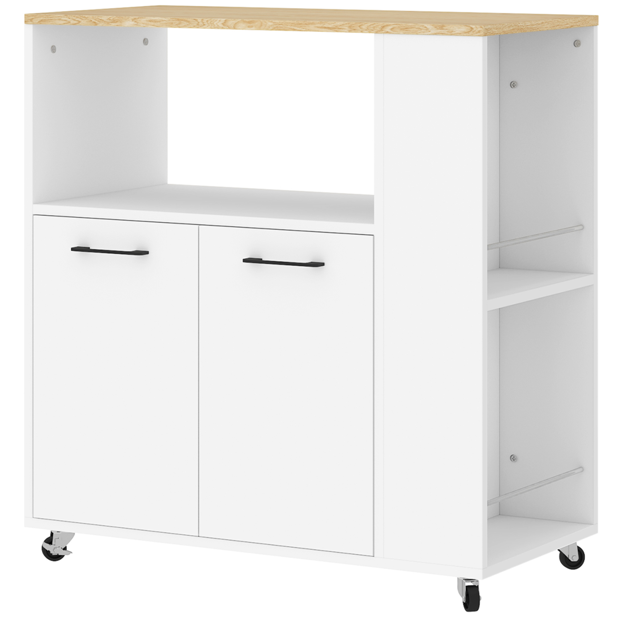 Bucatarie -  Carucior de Bucatarie din Lemn cu Raft Deschis, Dulap si Raft Lateral, 75x40x80,5 cm, Culoare Stejar si Alb