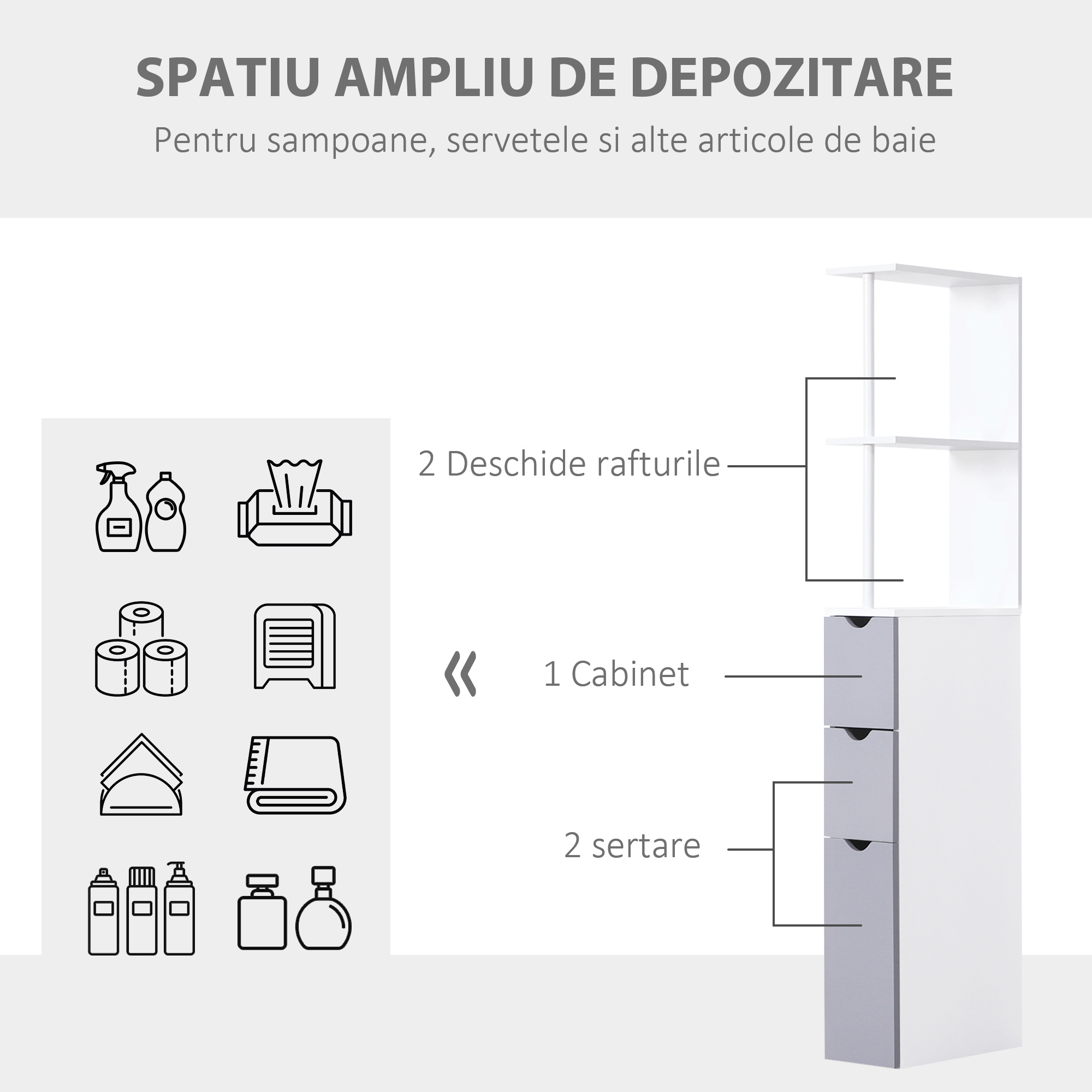  Coloana Baie 15×33×140 cm - Alb & Gri, Spatiu Vertical Compact [3]
