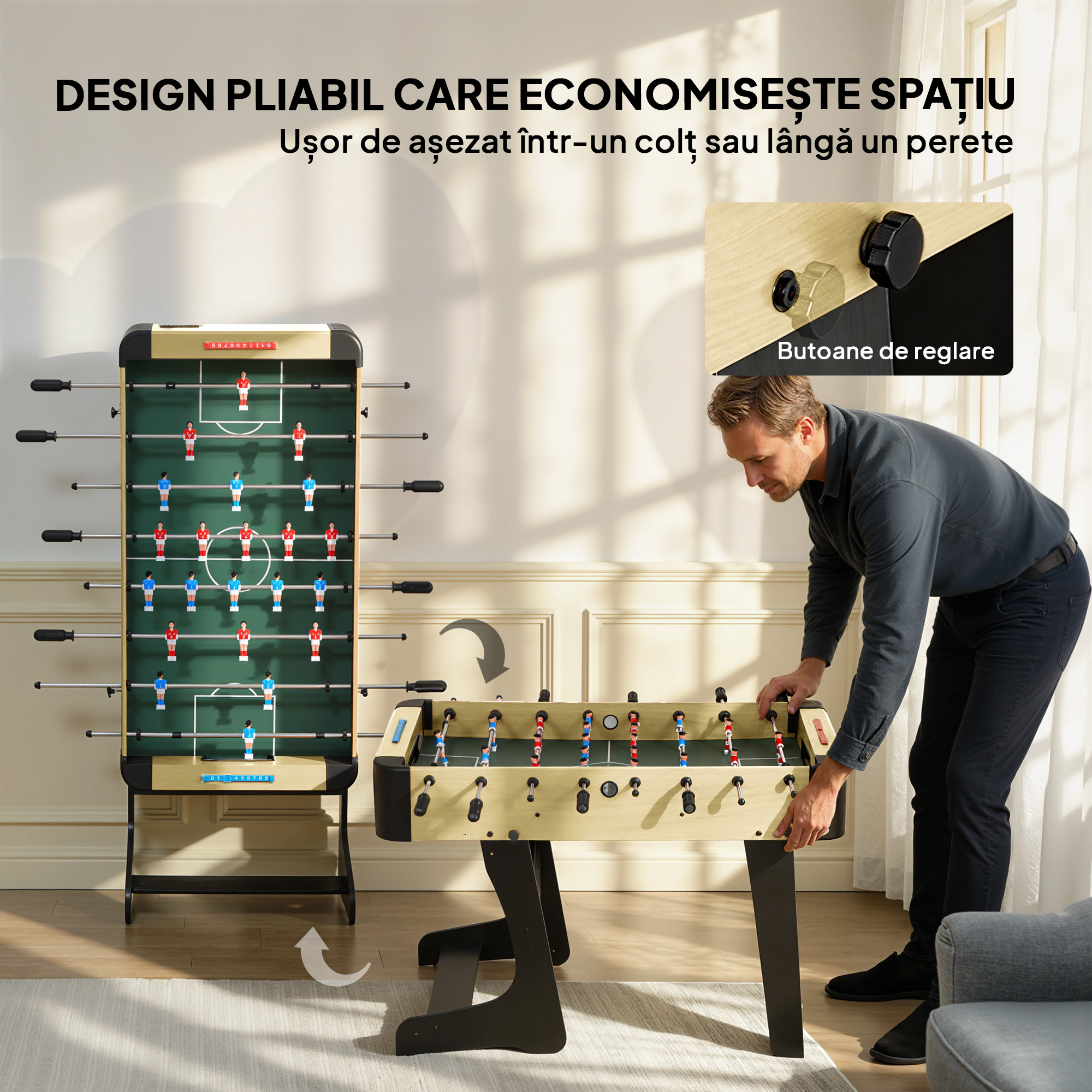  Fotbal de Masa Pliabil cu Manere Antiderapante, 2 Mingii si Tabele de Scor, Verde si Lemn Natural [3]