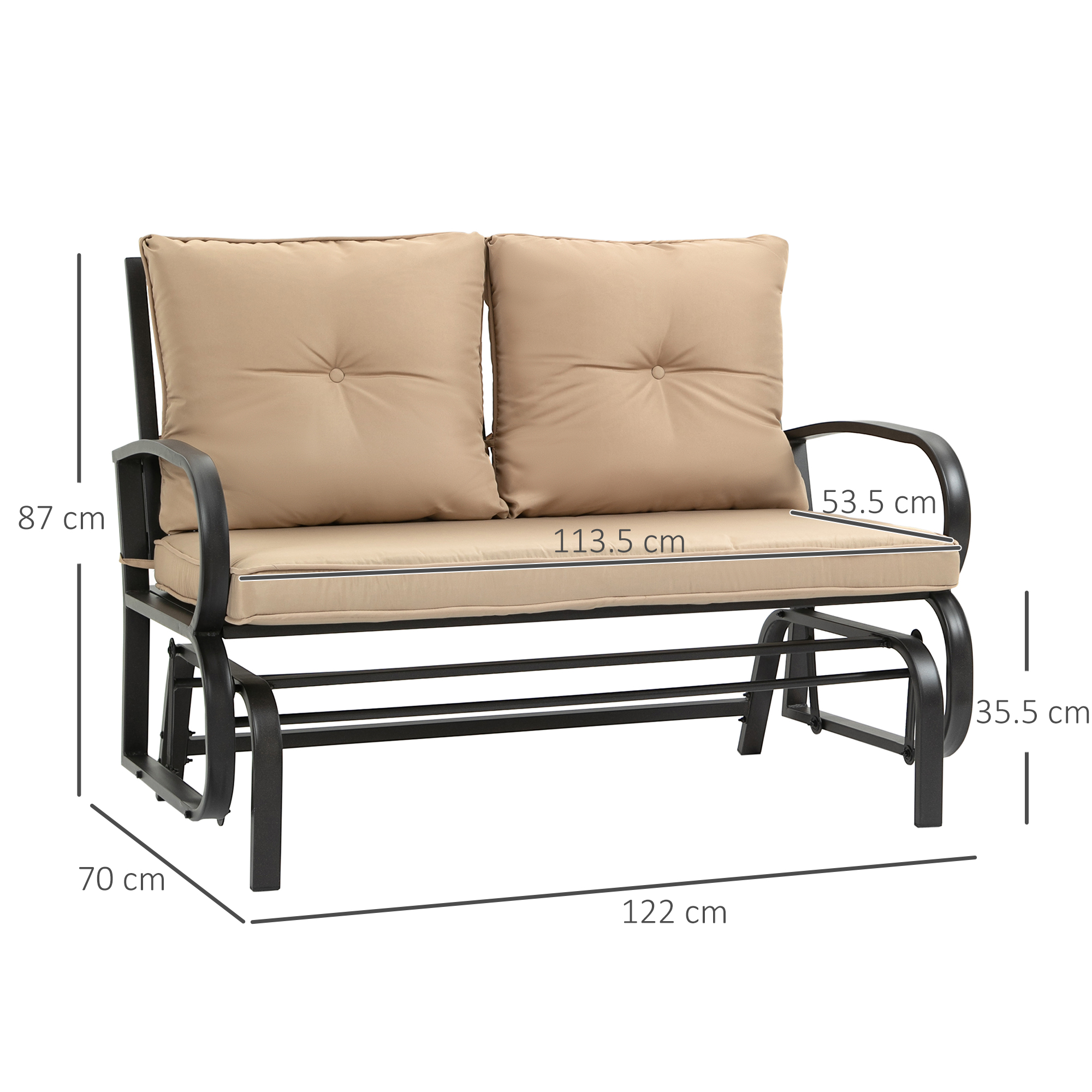  Balansoar de Gradina pentru 2 Persoane cu Perne Capitonate pentru Sezut cu Spatar, 122x70x87cm, Kaki [2]