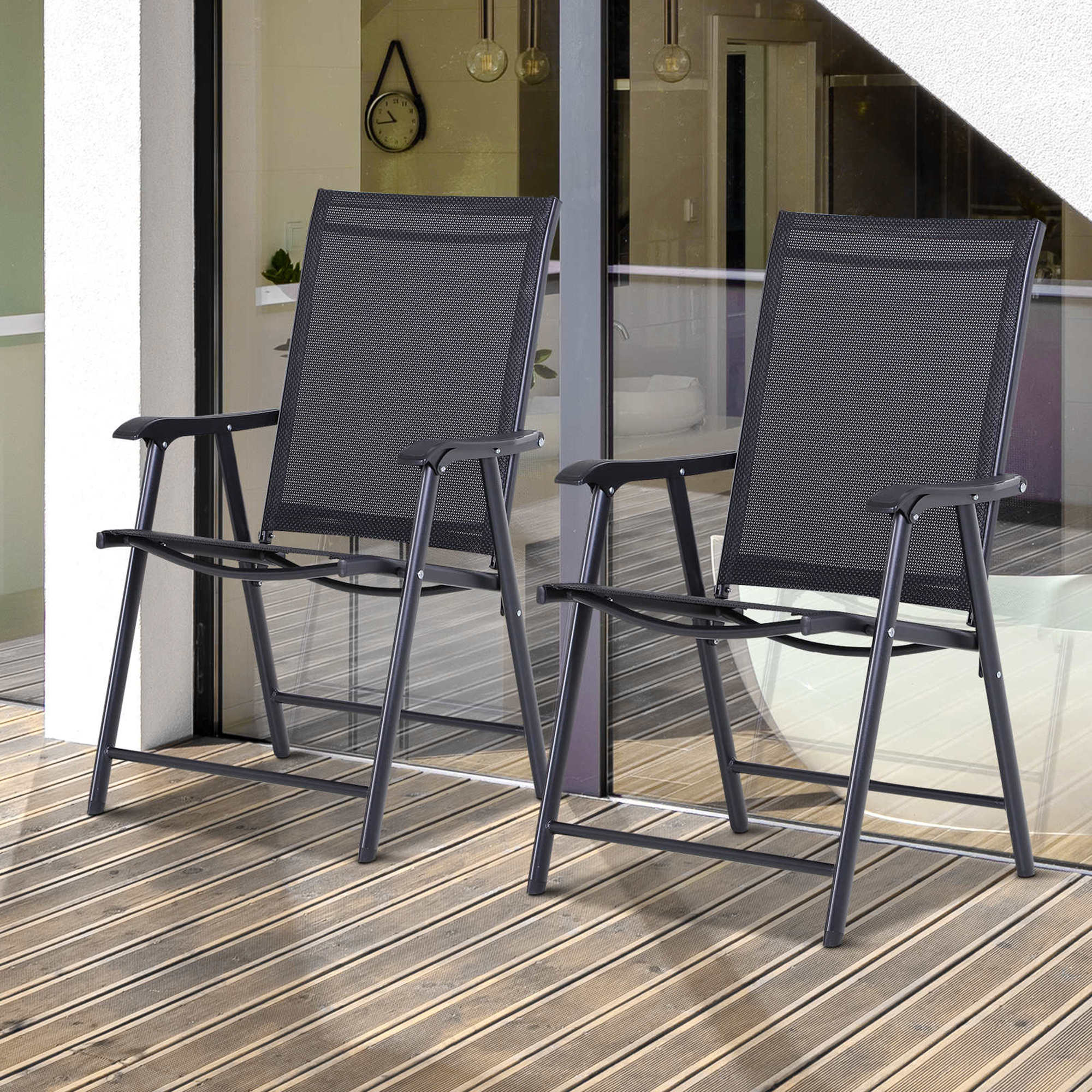  Set 2 Scaune de Gradina Pliabile cu Cotiere, Scaune pentru Pranz in Exterior din Metal si Texteline, pentru Terasa, Balcon, Veranda, Exterior si Interior, 58x64x94cm, Negru [1]