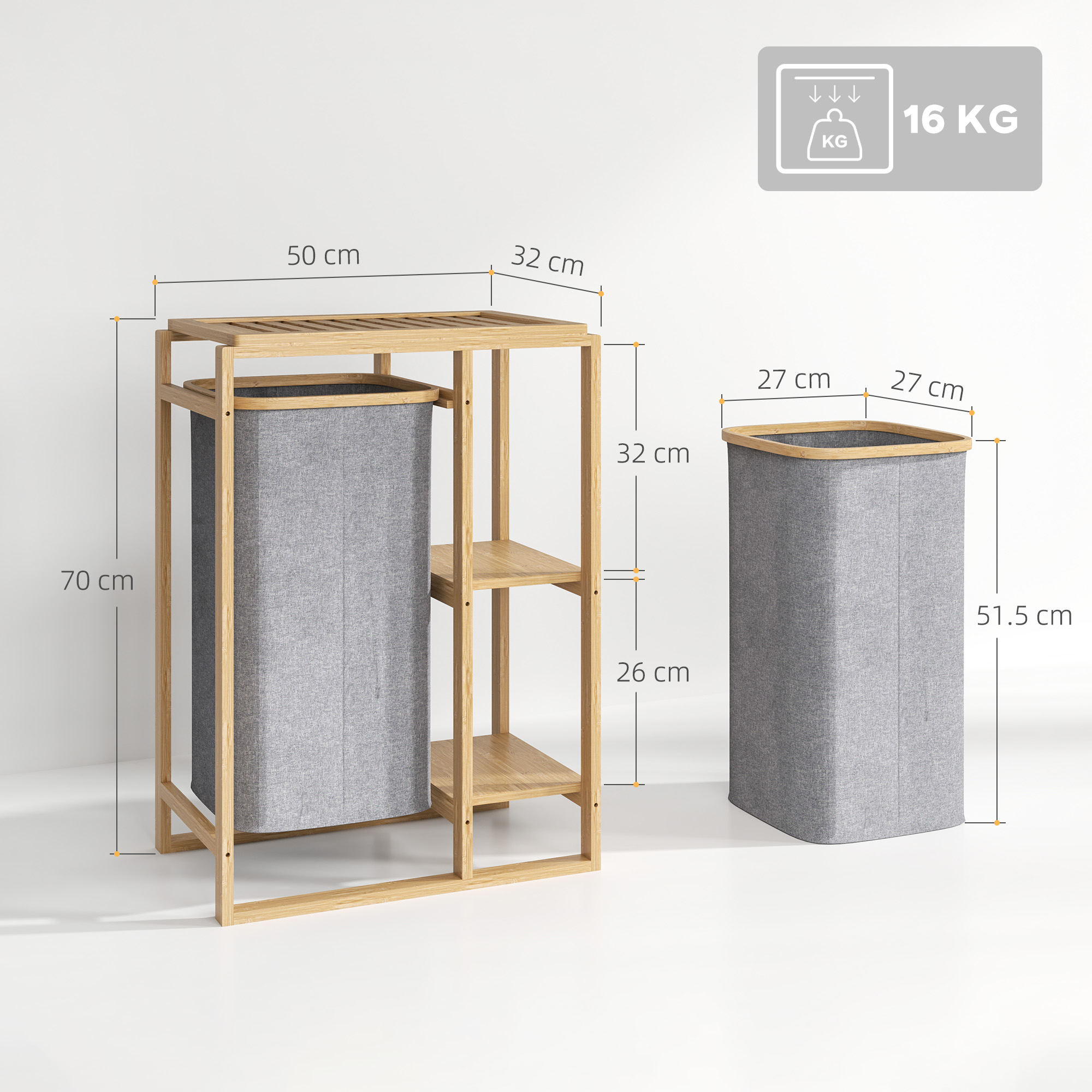  Cos Portabil Rufe cu Sac & Raft Bambus 50×32×70 cm - Gri [2]