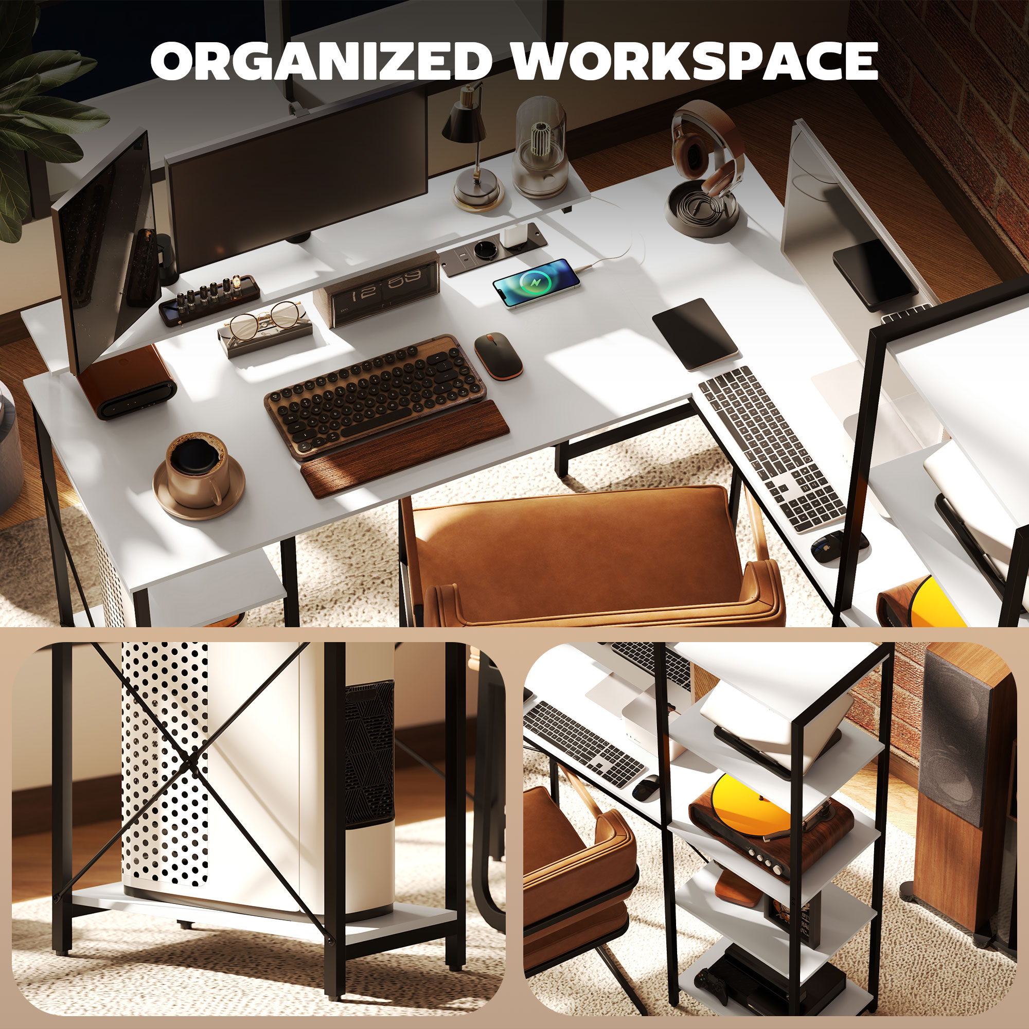  Birou de Colt pentru Computer in Forma de L cu Biblioteca, 137x140x139,5 cm, Negru [5]