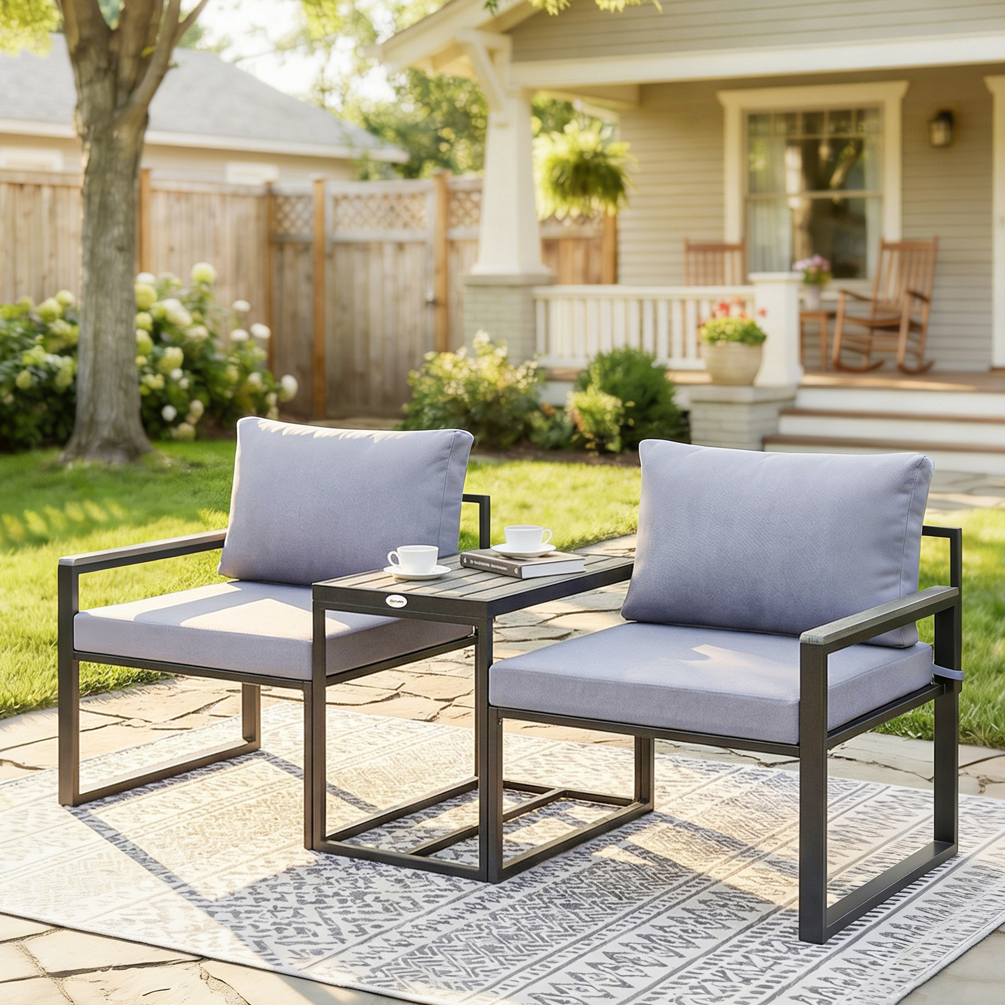  Set Bistro Gradina 3 Piese pentru 2 Persoane, Masa si Scaune Exterior cu sezut Textilen si Perne, Gri [1]