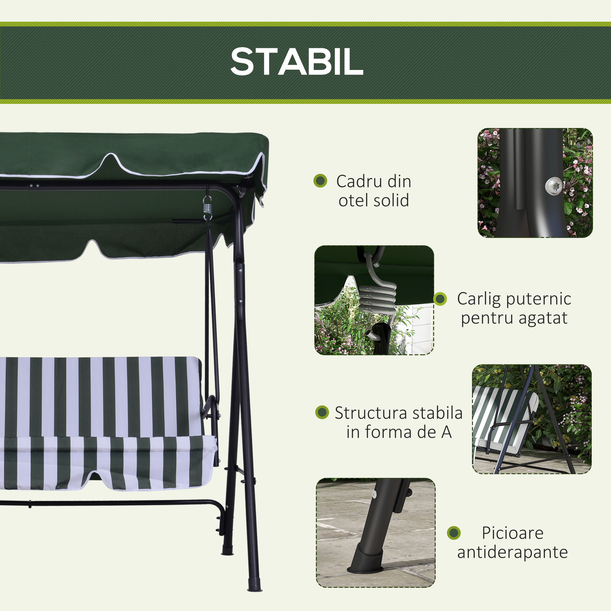  Leagan de Gradina cu 3 Locuri si Parasolar Basculant, 172×110×153 cm, Verde [4]