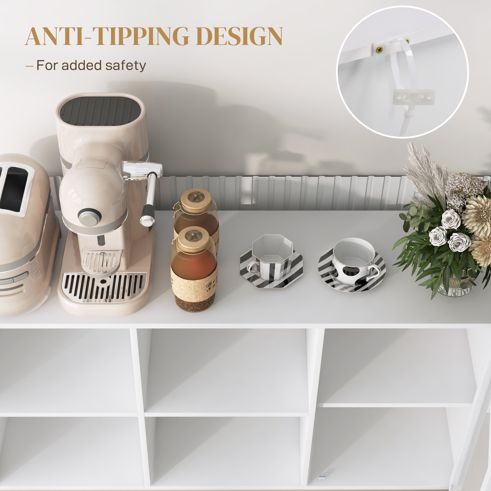  Bufet Mobil cu 4 Rafturi Deschise si Dulap, din PAL si Otel, 120x37x81.5 cm, Alb [6]