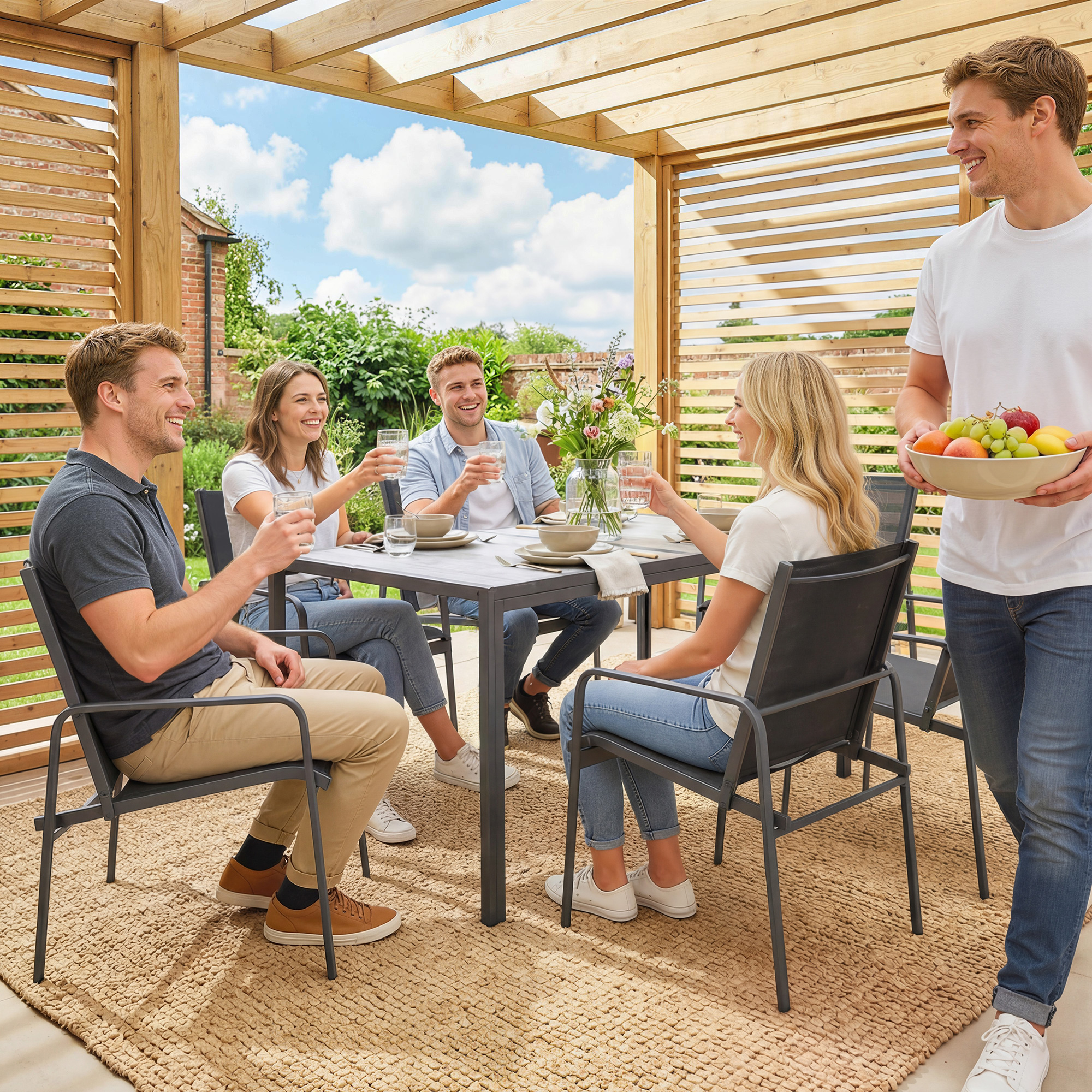  Set de Pranz pentru Exterior, 7 Piese pentru 6 Persoane, Masa cu Efect de Lemn si Scaune cu sezut Respirabil, Set Mobilier de Gradina cu Cadru din Otel Galvanizat, Negru [8]