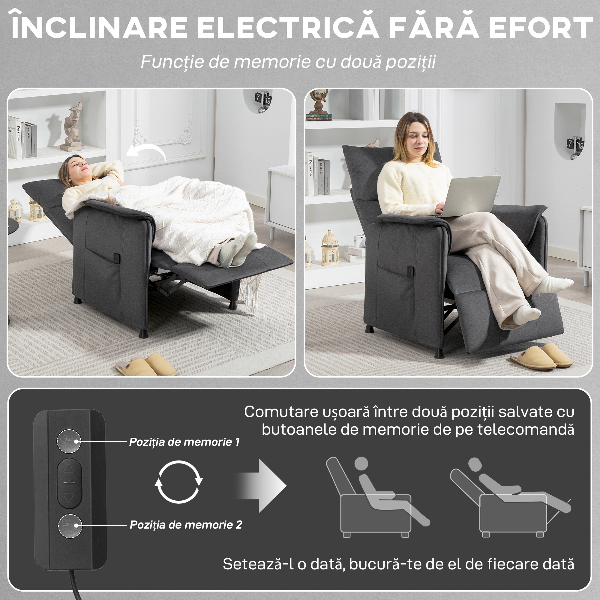  Fotoliu Electric Reclinabil cu Telecomanda si Suport pentru Picioare, din tesatura cu Aspect de Catifea, 80x83x104 cm, Negru [4]