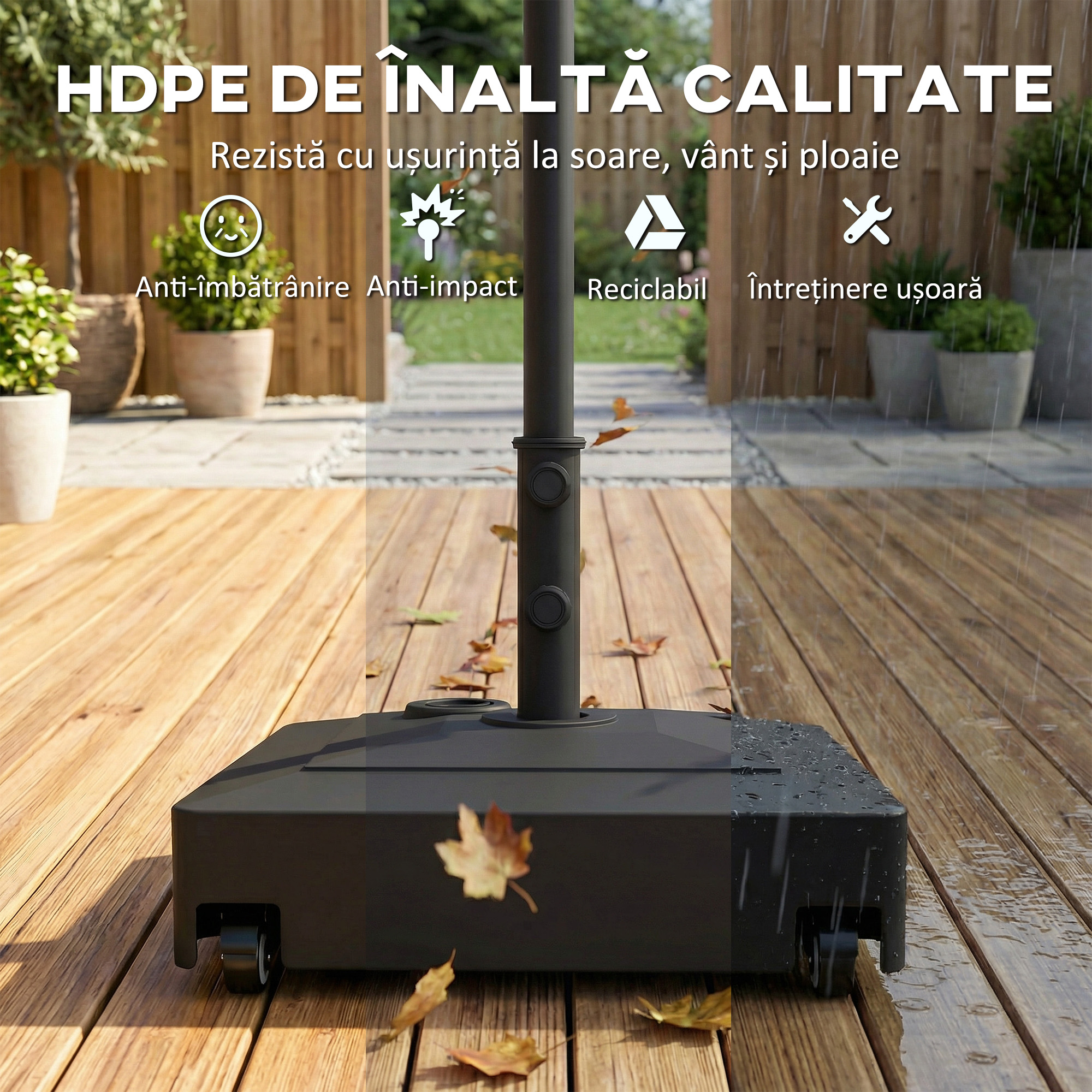  Baza pentru Umbrela cu Roti si Frane, Reumplere cu Apa 40kg/Nisip 61kg, pentru Stalpi de Ø35/38/48mm, Negru [6]