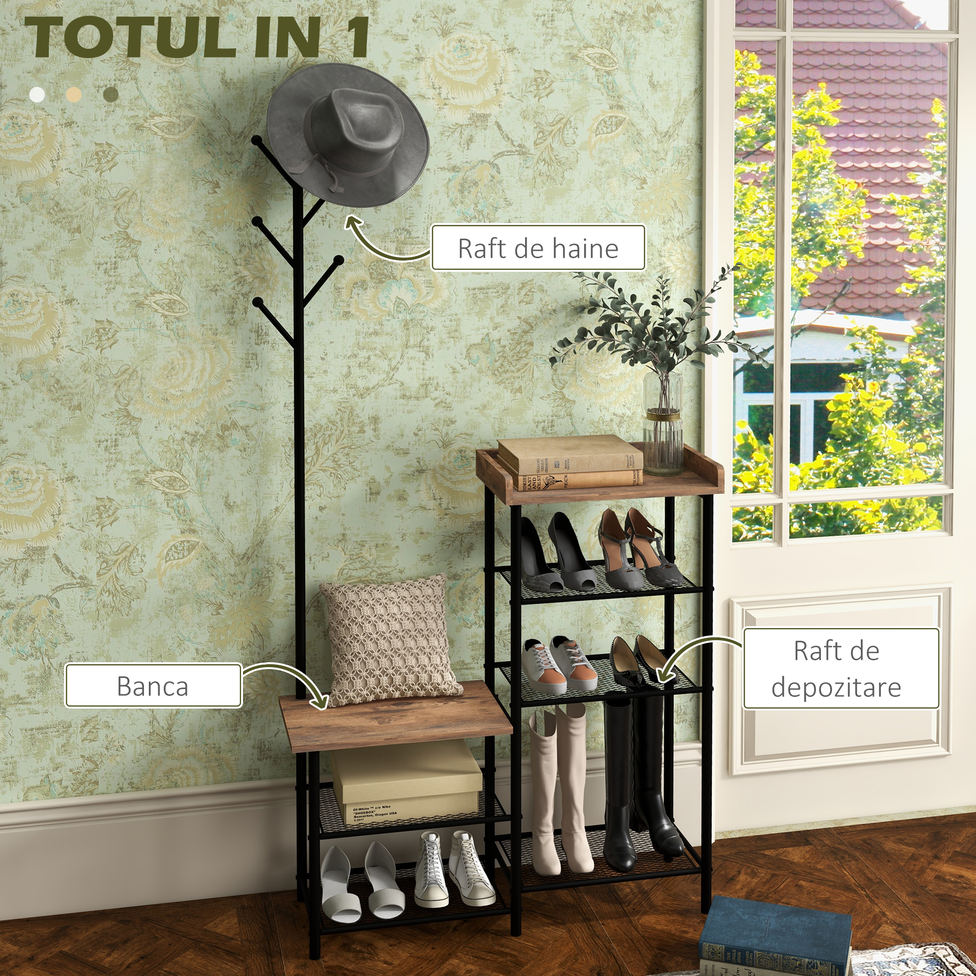  Cuier de Podea cu 6 Agatatori din PAL si Otel cu Dulap pentru Pantofi si Depozitare, 92.5x28.2x182 cm [3]