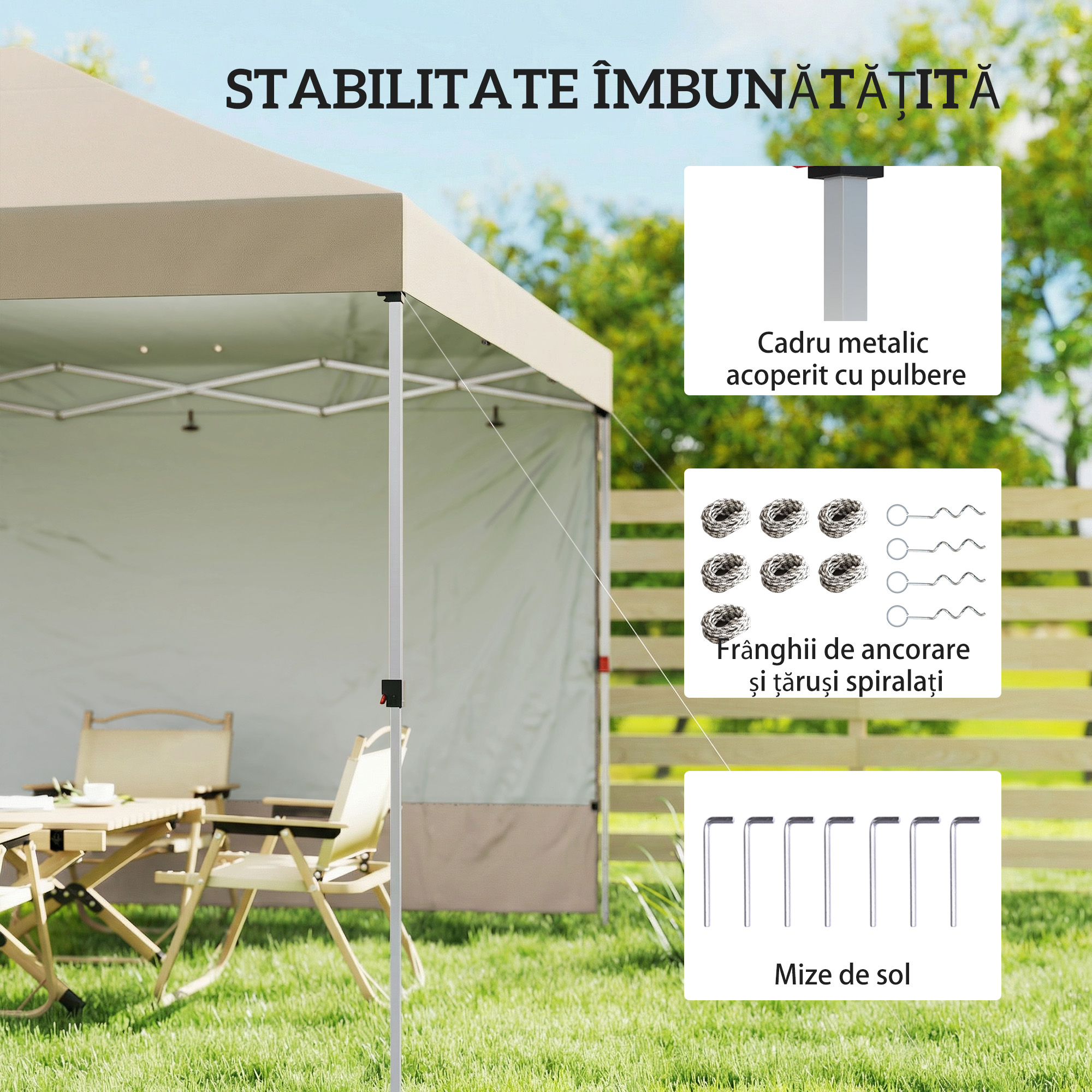 Pavilion pliabil  Pop-Up 3x3 m cu perete lateral, din metal si tesatura Oxford, bej [6]