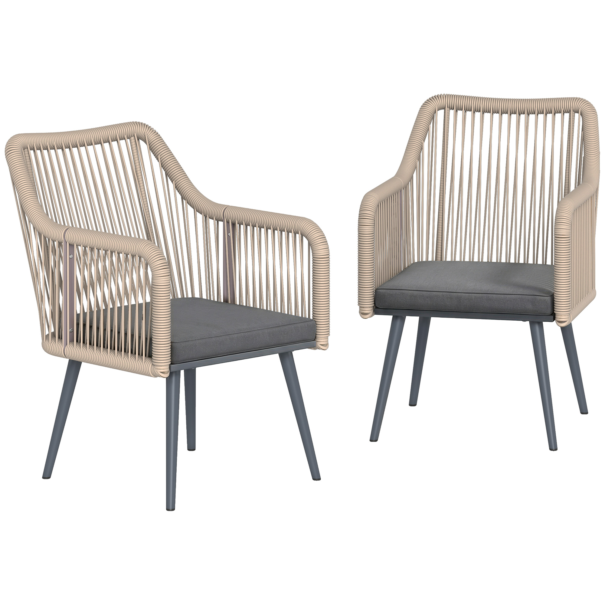 Gradina & balcon -  Set 2 Scaune de Gradina din Ratan PE cu Perne Moi Lavabile si Brate, Scaune pentru Dining Exterior din Otel, pentru Terasa, Balcon, Gradina, Exterior, 54x65x80cm, Gri inchis