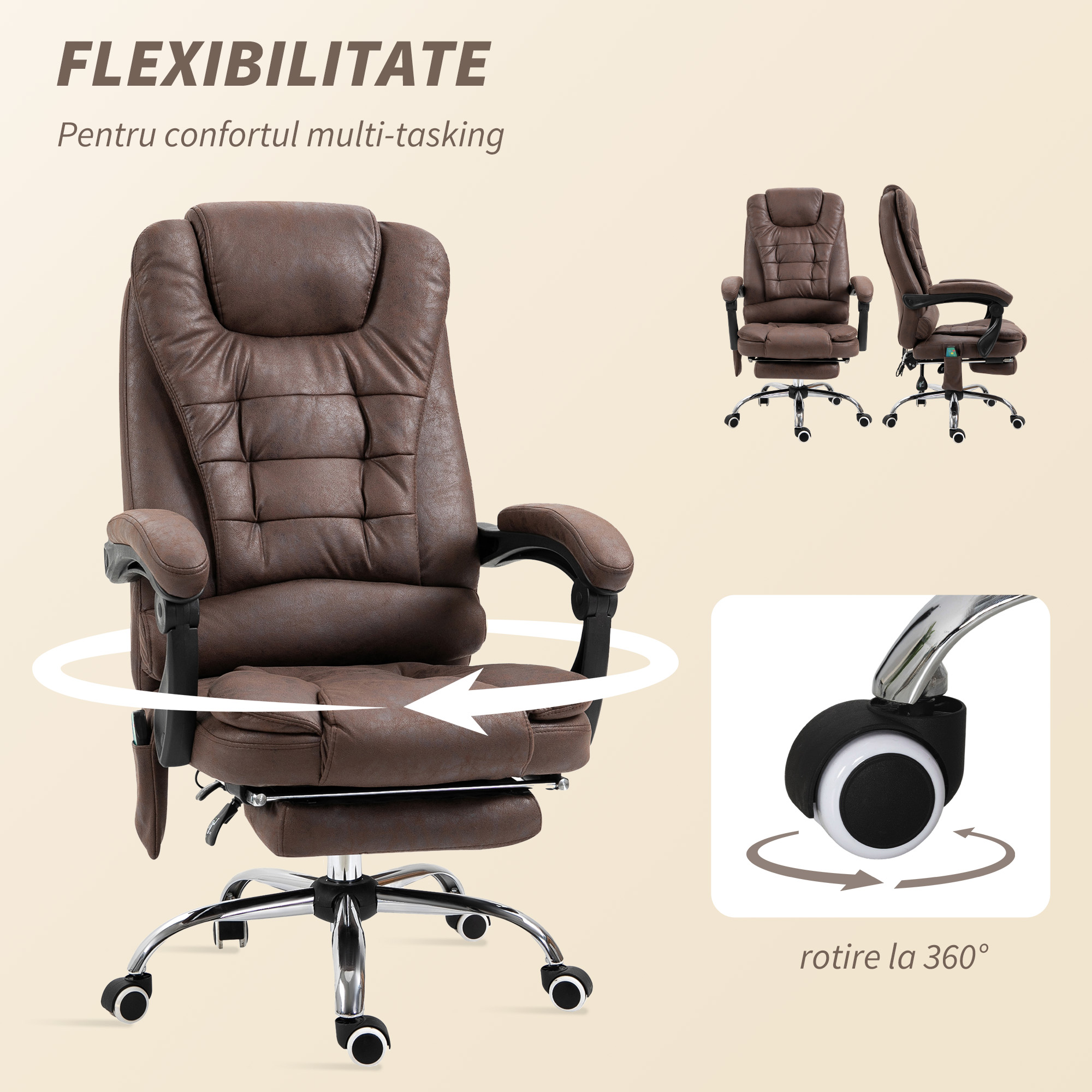  Fotoliu Birou cu Telecomanda si 6 Puncte Masaj, din Microfibra, 65x70x111-119 cm, Maro [6]