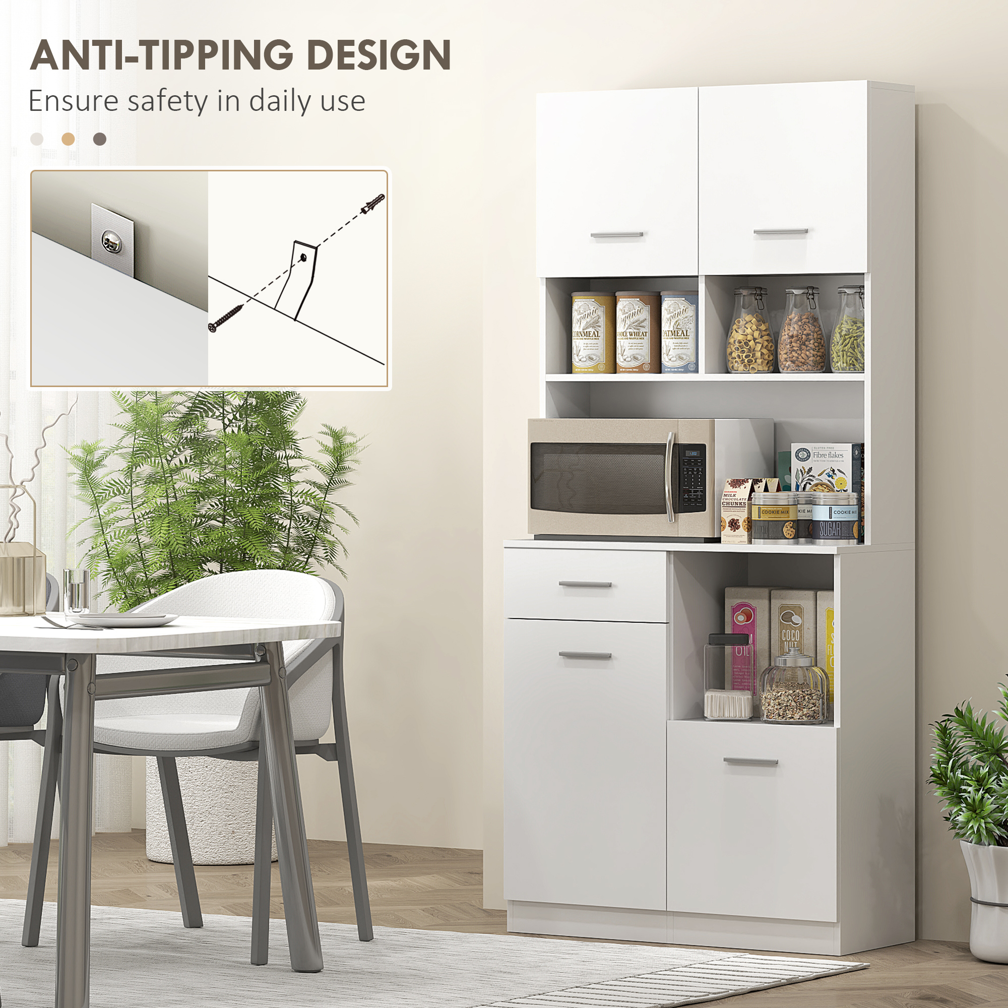  Dulap inalt pentru Bucatarie cu Sertar, 4 Dulapuri si 3 Spatii Deschise, 80x35x180 cm, Alb [6]