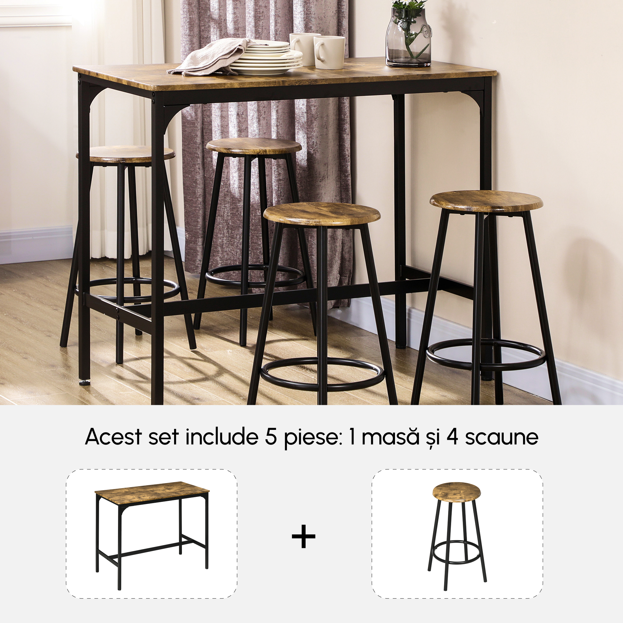  Set de masa si scaune de bar 5 piese, Masa industriala cu economie de spatiu si 4 scaune rotunde de bar cu cadru metalic pentru bar, sufragerie, Maro rustic [3]