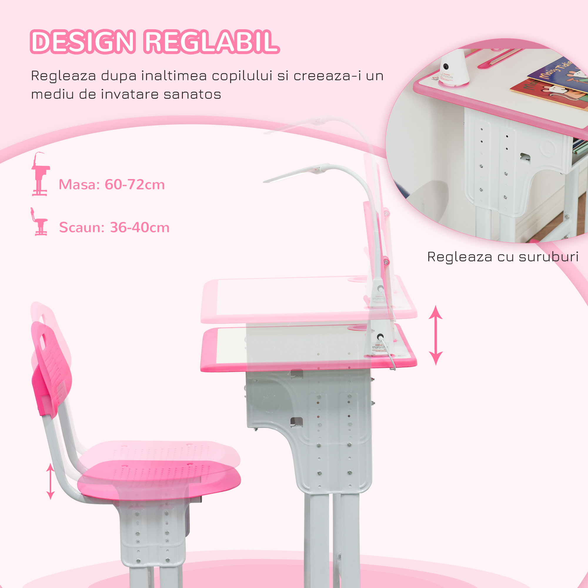  Set Birou si Scaun pentru Copii 6-12 Ani, inaltime Reglabila, Lampa LED, Sertar Depozitare, Suport Carti, Birou Ergonomic pentru Studiu, Roz [6]