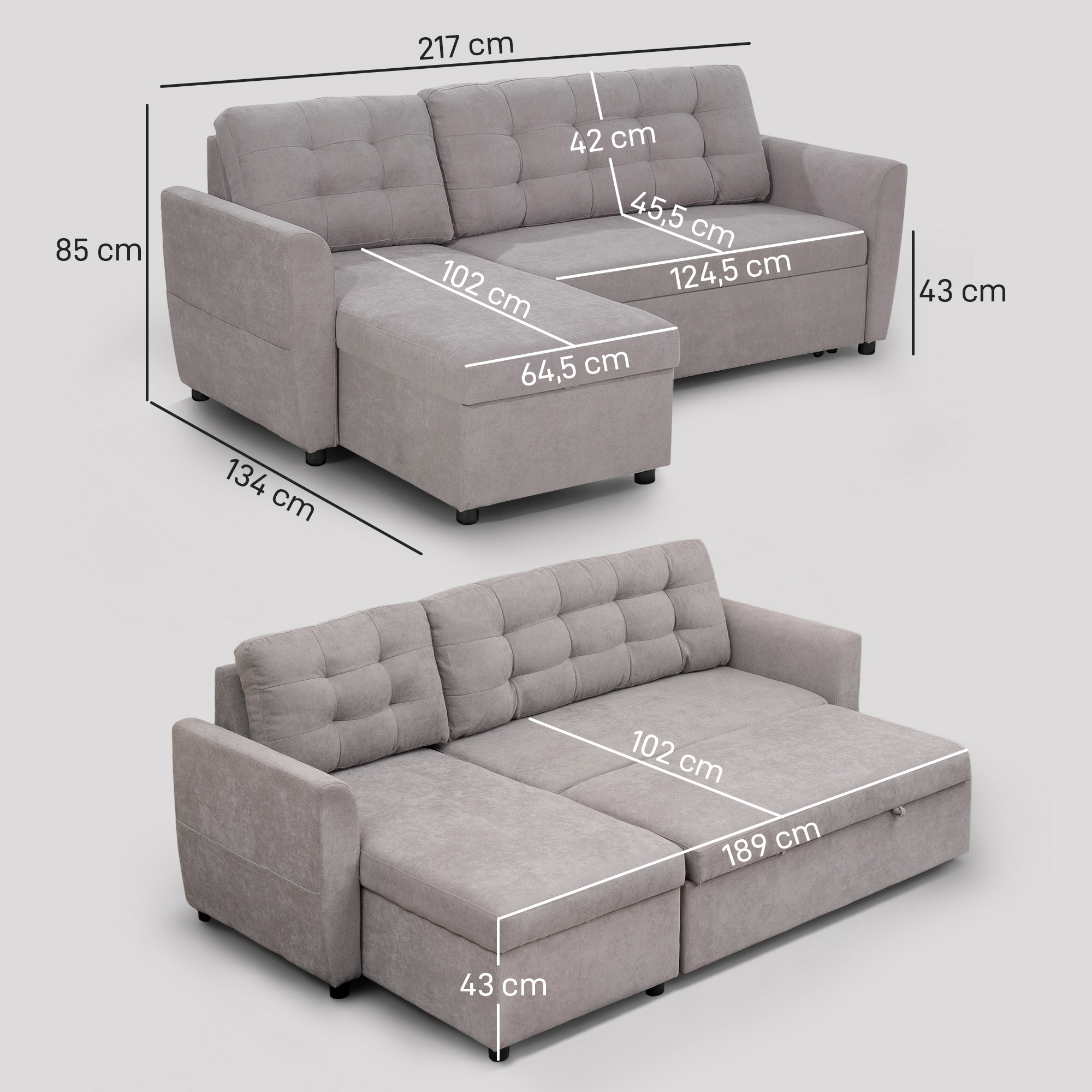  Canapea Extensibila pe Colt 3 locuri cu Sezlong Compartiment din Material Textil [2]