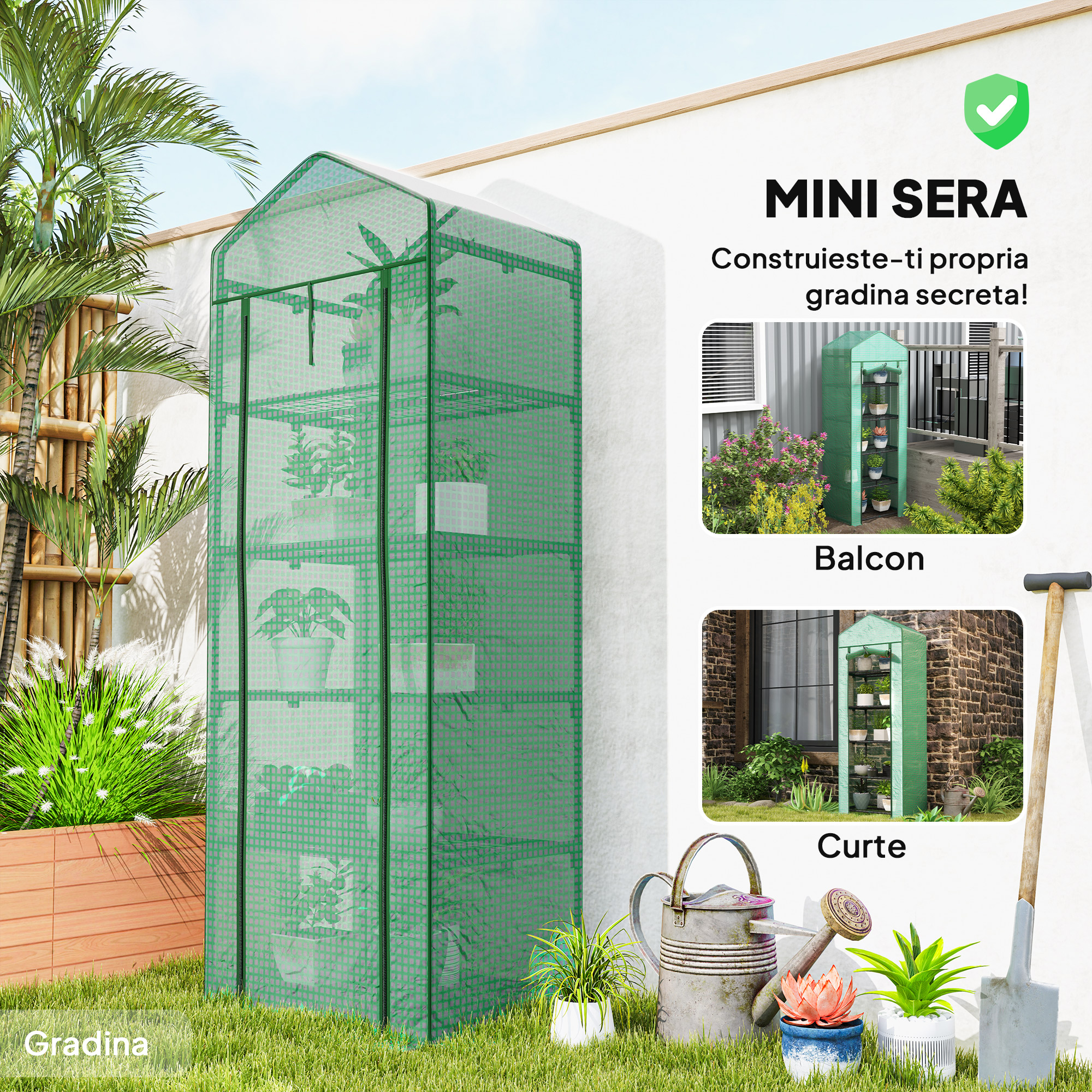  Sera pentru Plante cu 5 Niveluri, cu Usa cu Fermoar, din Otel si PE, 69x49x193 cm, Verde [8]