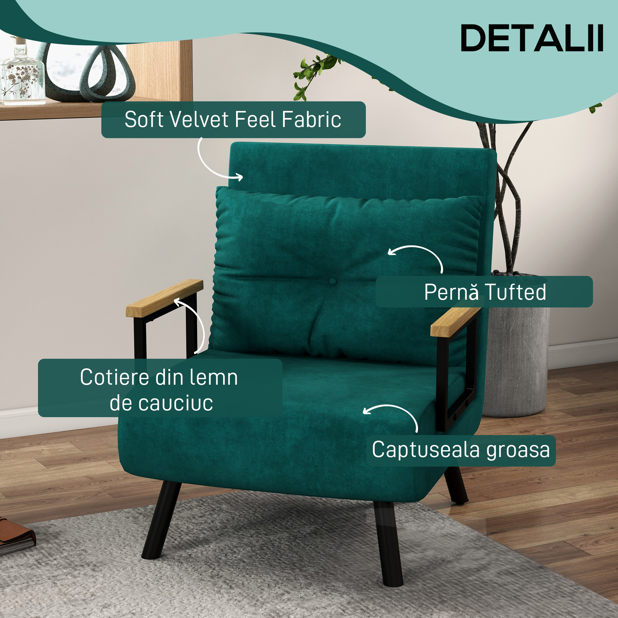  Fotoliu Pat 3 in 1 cu Spatar Reglabil in 5 Pozitii si Perna, 63x73x81 cm, Verde [5]