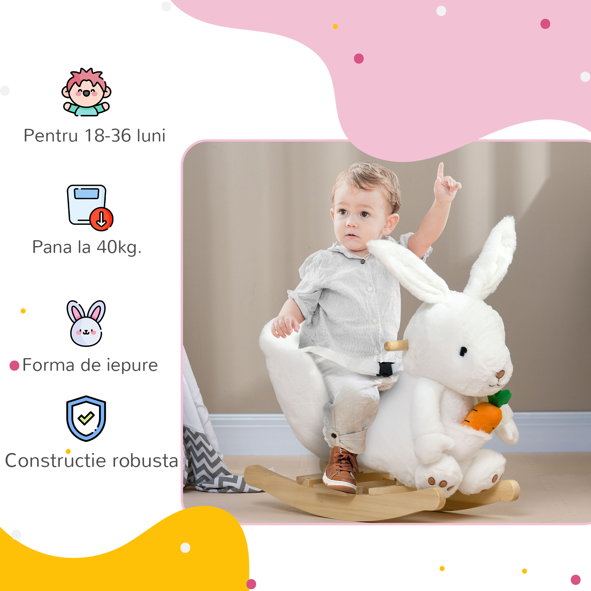 Jucarie Balansoar in forma de Iepuras cu Sunete si Centura de Siguranta, 60x33x50 cm, Alb [4]