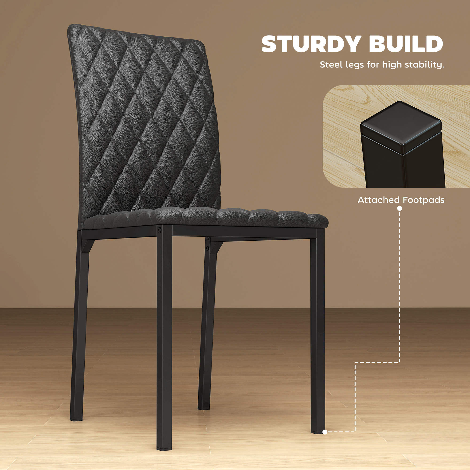  Set de 4 scaune pentru dining din piele sintetica cu cusaturi romboidale si picioare din metal, negru [3]