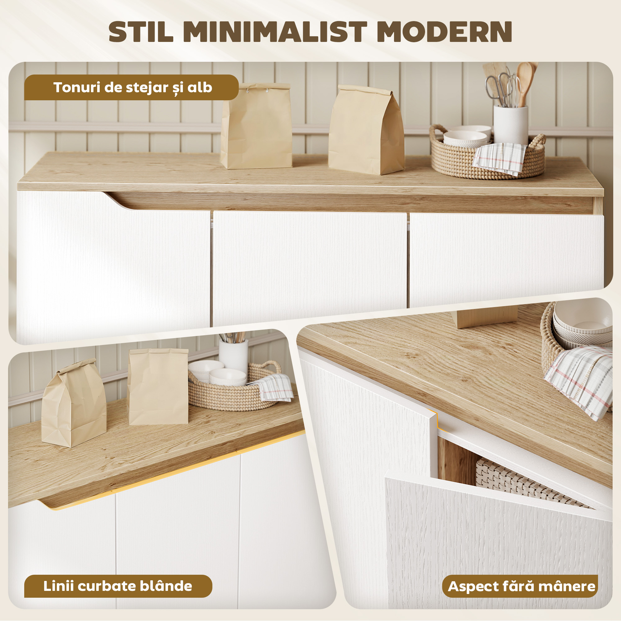  Bufet de Bucatarie, Mobilier de Bucatarie cu 3 Usi, Rafturi Reglabile si 5 Picioare din Lemn de Cauciuc, Stil Modern, Bufet pentru Living, Sufragerie, Alb si Stejar [3]