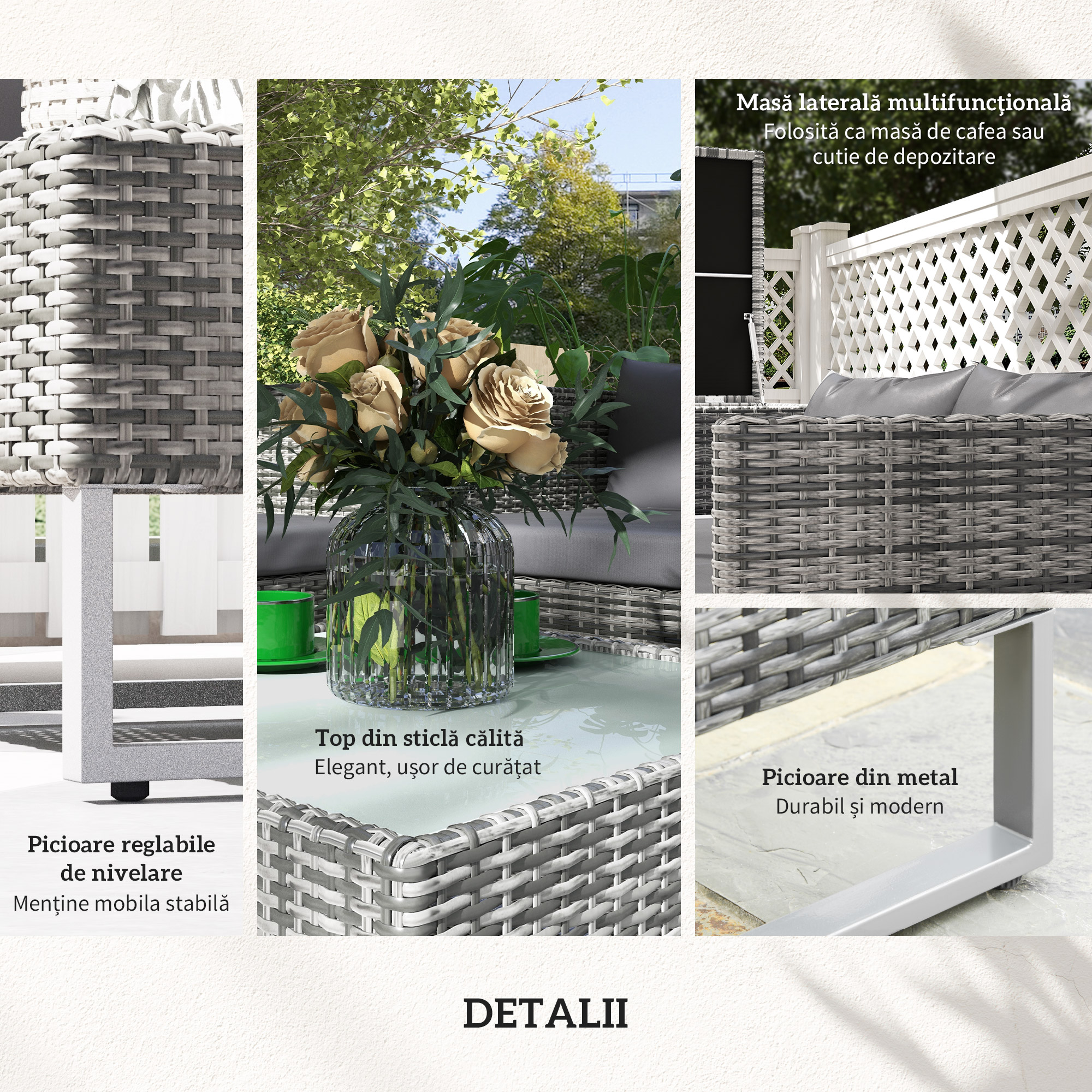  Set de Gradina 4 Piese cu 2 Canapele cu 2 Locuri, Masuta de Cafea si Masa inalta, din Otel si Ratan [6]