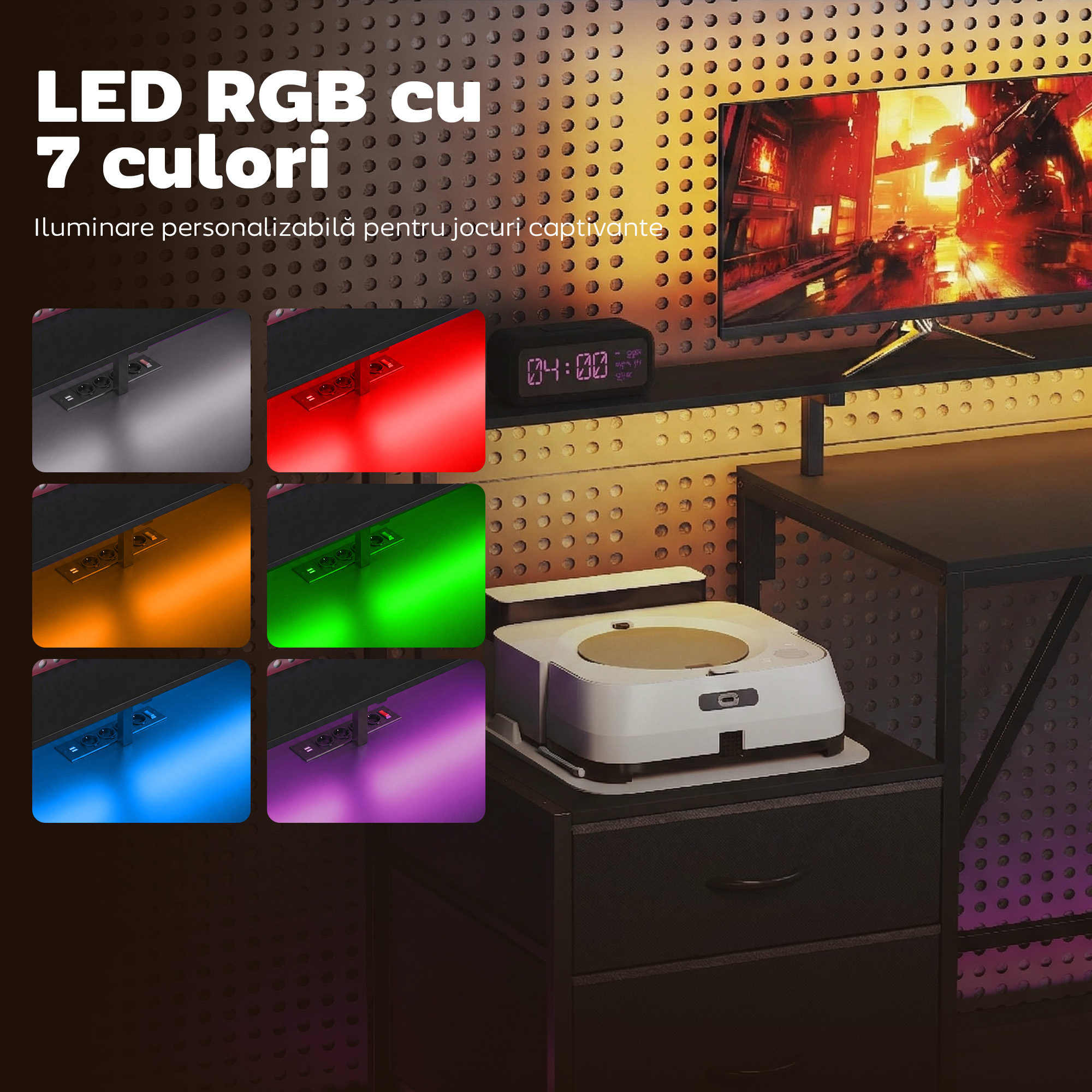  Birou Gaming Reversibil in Forma de L cu LED, 192,5cm Birou Coltar cu Prize Electrice, Suport Monitor si CPU, 2 Sertare din Material Textil pentru Documente A4/Legal, pentru Casa Birou Studio, Negru [3]