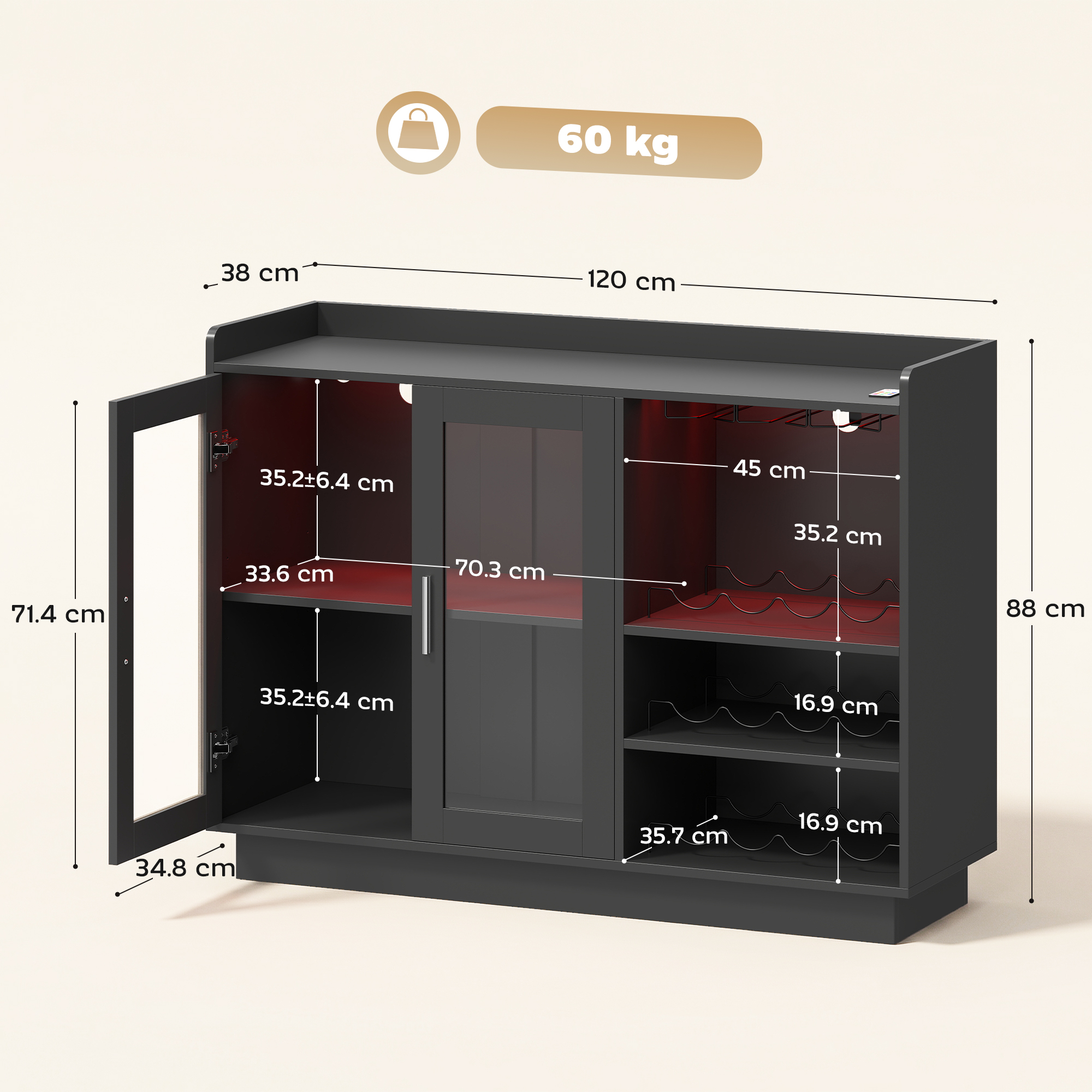  Mobilier pentru Vinuri cu Lumini LED RGB si Suport pentru 12 Sticle, Dulap pentru Vinuri cu Raft Ajustabil si Usi Soft-Close din Sticla pentru Casa, Bucatarie si Sala de Mese, Negru [2]