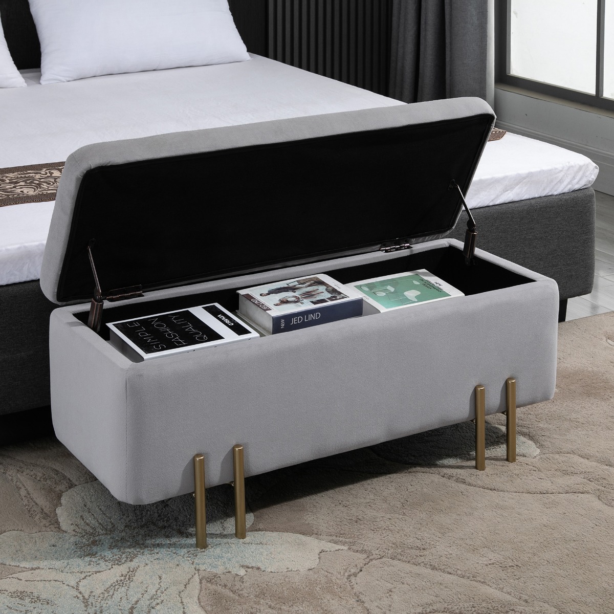  Banca de Depozitare cu sezut Tapitat si Picioare Lacuite Aurii, 100x40x42 cm, Gri [1]