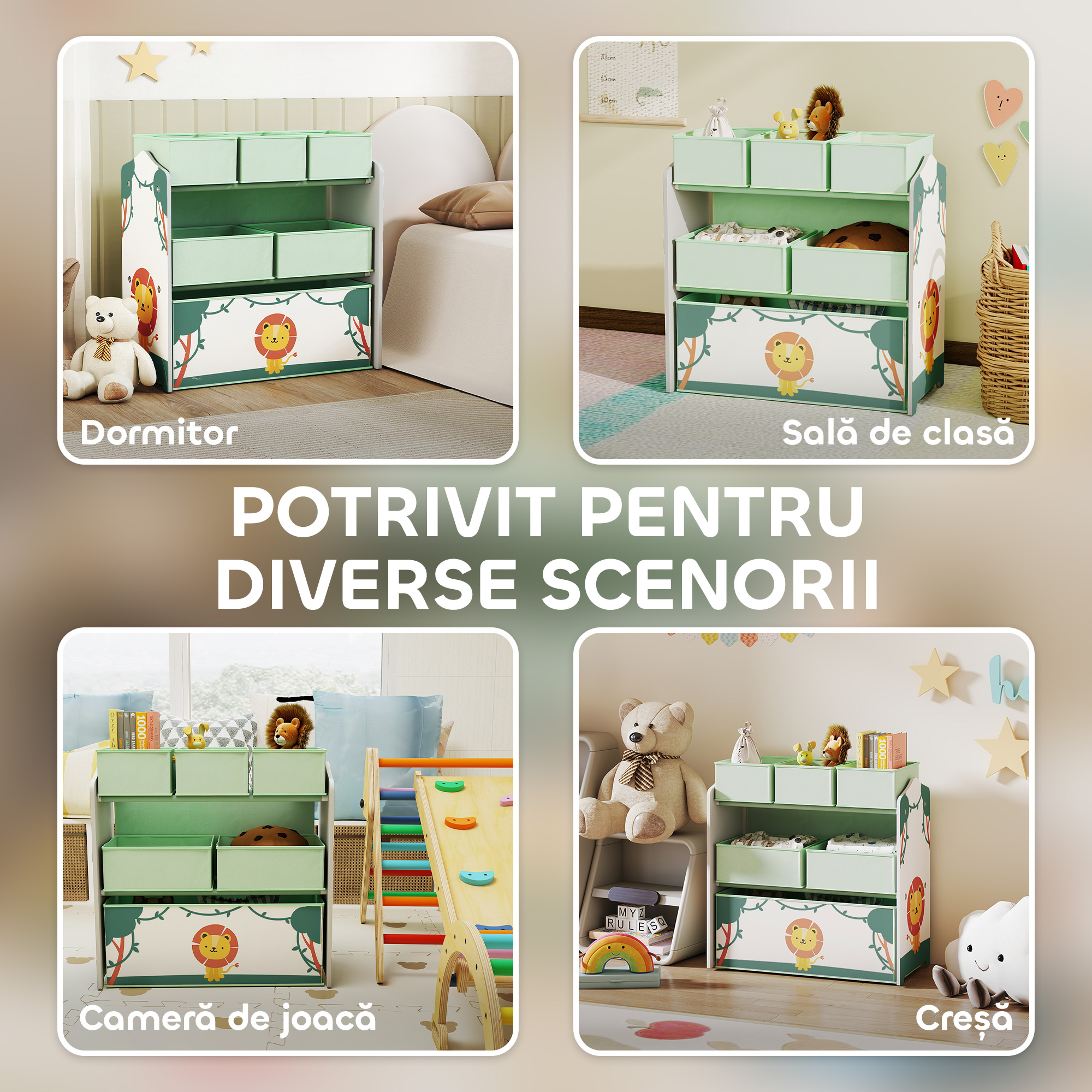  Raft Portabil pentru Jucarii Copii cu 3 Niveluri si 6 Containere Detasabile din Material Textil, Mobilier pentru Camera Copii, Sufragerie si Spatiu de Joaca, Verde [6]