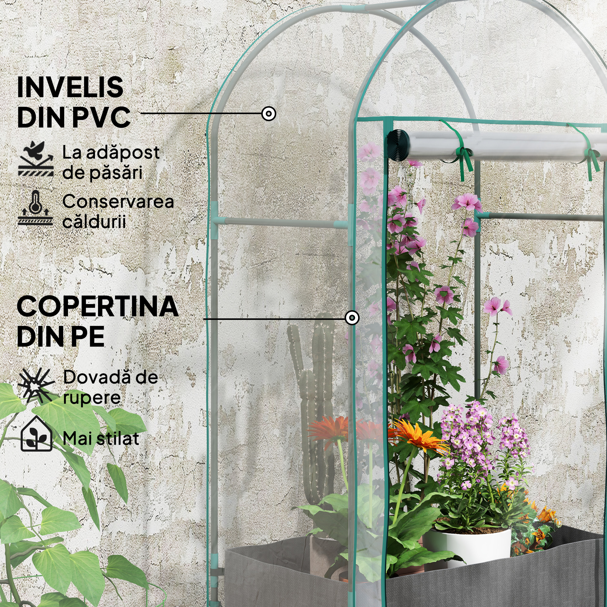  Sera de perete cu sac pentru plante si intrare rulabila, din otel si plastic, 89x50x152 cm, transparenta [3]